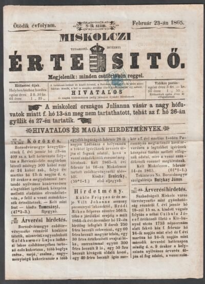 1865. Hírlapilleték bélyeg, (teljes újságon!!)