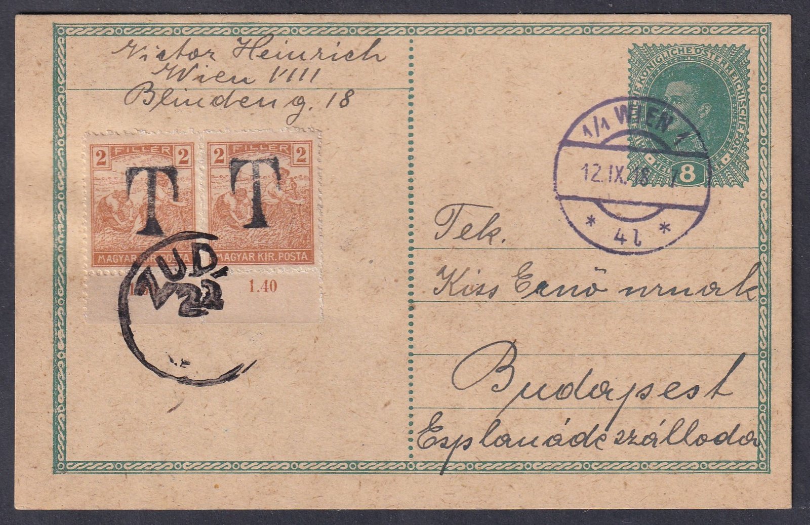 1912. Bécs, Budapestre feladott díjjegyes levelezőlap, 4 f szükség portó, ismeretlen bélyegzéssel