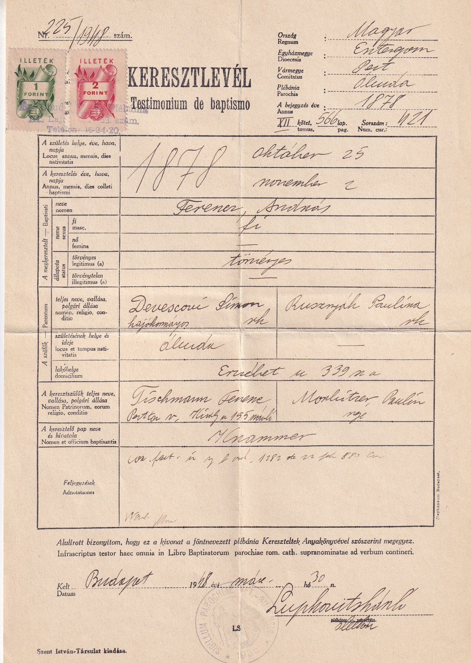 1948. Keresztlevél