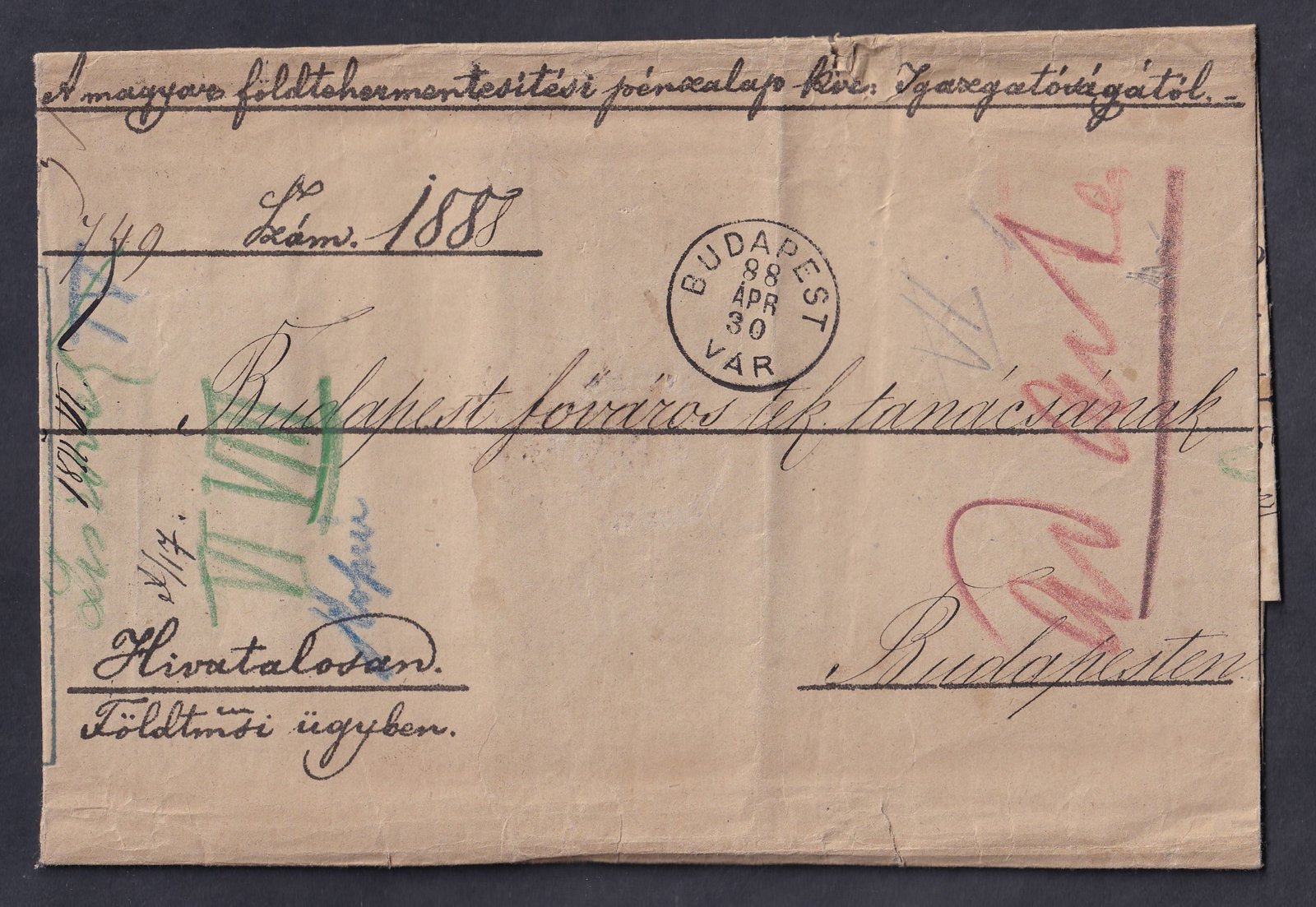 1888. Budapest, helyben feladott portómentes levél