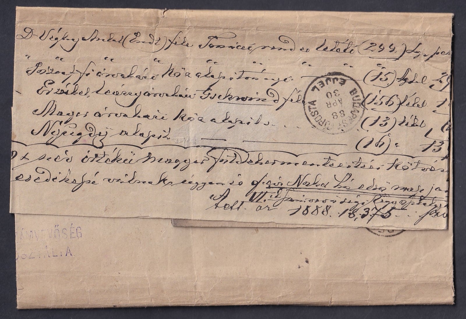 1888. Budapest, helyben feladott portómentes levél