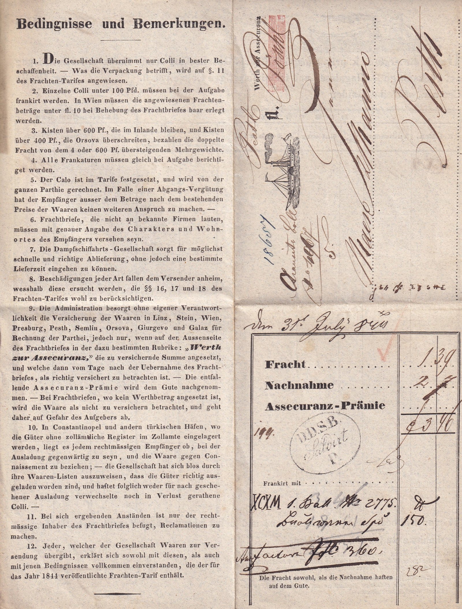 1844. hajószállítási fuvarlevél, a DDSG - Óbudai kikötőben működő kirendeltsége által kitöltött és lebélyegzett dokumentum. DDSB – Ofen (Buda, Óbuda térsége) bélyegzéssel. Kiváló állapotban fennmaradt, ritka típusú hajólevél.