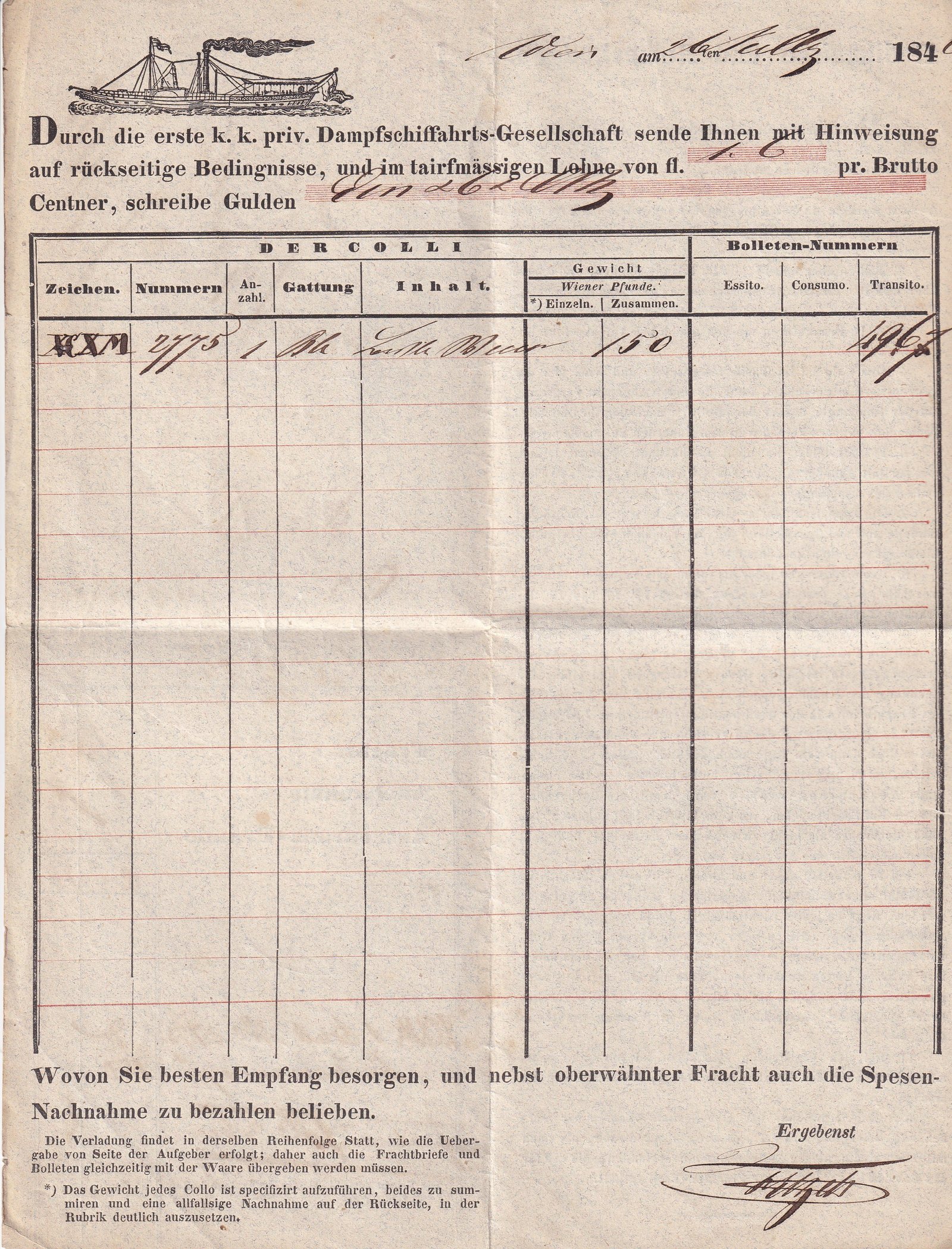 1844. hajószállítási fuvarlevél, a DDSG - Óbudai kikötőben működő kirendeltsége által kitöltött és lebélyegzett dokumentum. DDSB – Ofen (Buda, Óbuda térsége) bélyegzéssel. Kiváló állapotban fennmaradt, ritka típusú hajólevél.