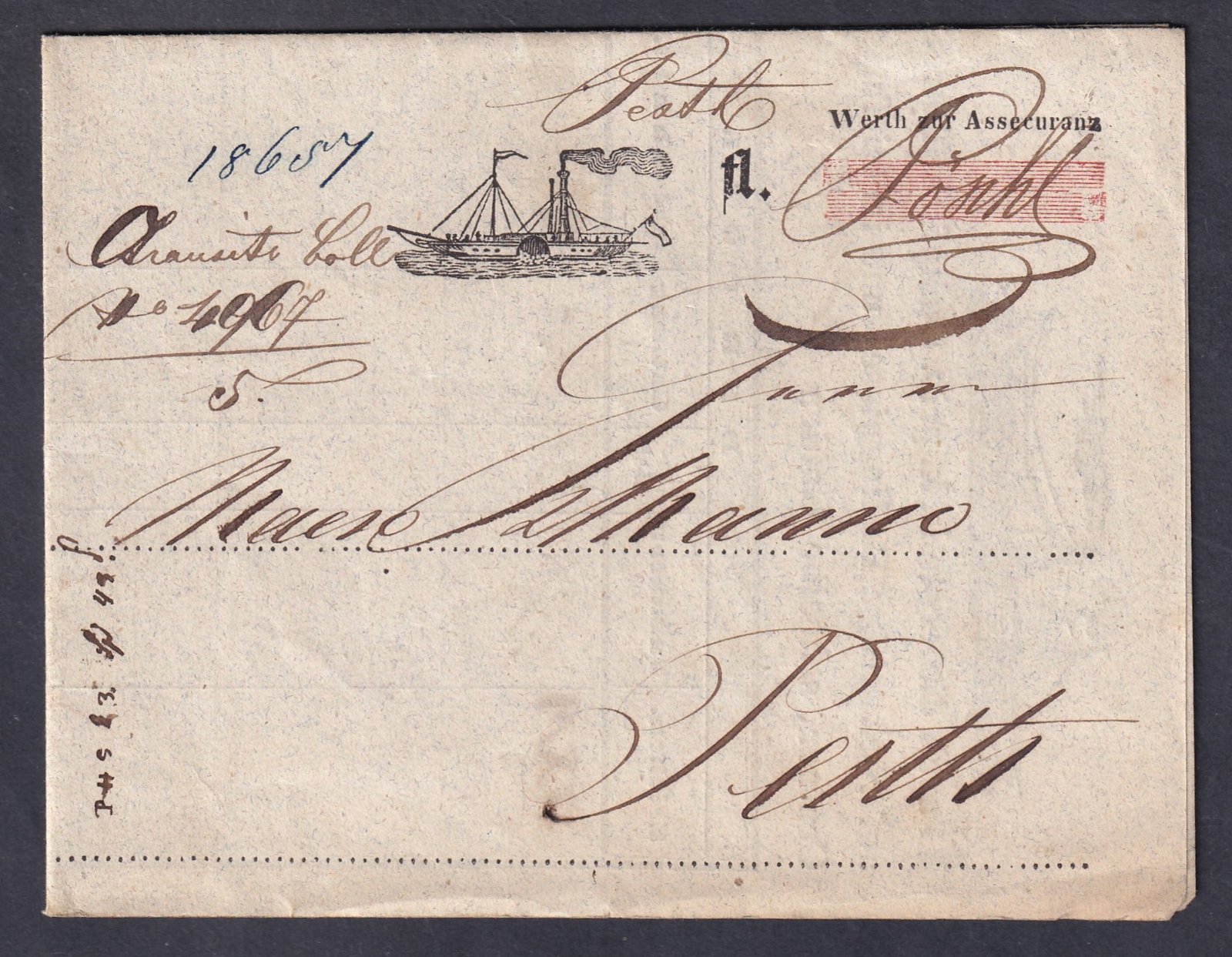 1844. hajószállítási fuvarlevél, a DDSG - Óbudai kikötőben működő kirendeltsége által kitöltött és lebélyegzett dokumentum. DDSB – Ofen (Buda, Óbuda térsége) bélyegzéssel. Kiváló állapotban fennmaradt, ritka típusú hajólevél.