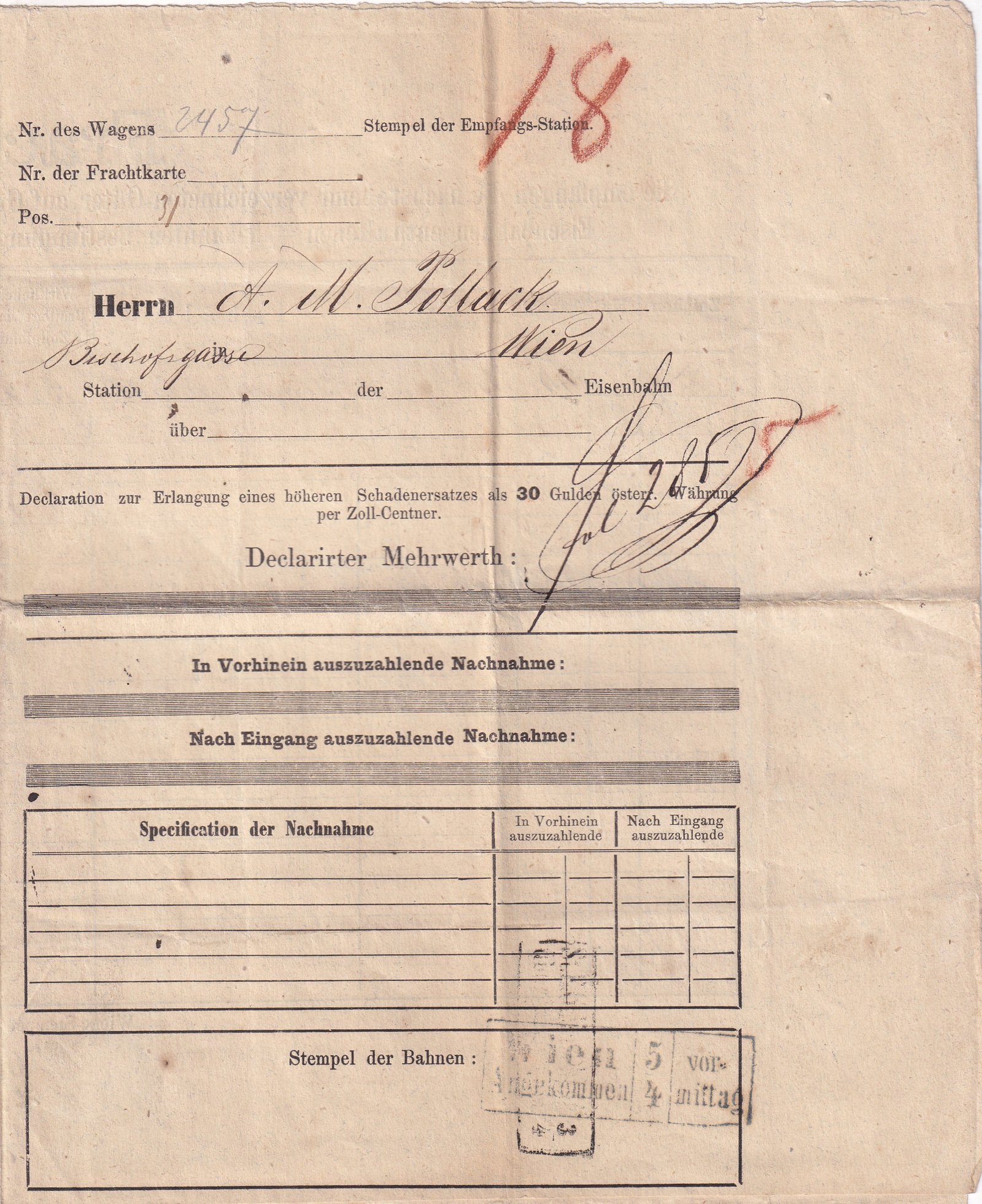 1864. Tornócz–Bécs fuvarlevél, kék színű Tornócz bélyegzéssel az 5 kr illetékbélyegen, kiváló állapotban fennmaradt darab.