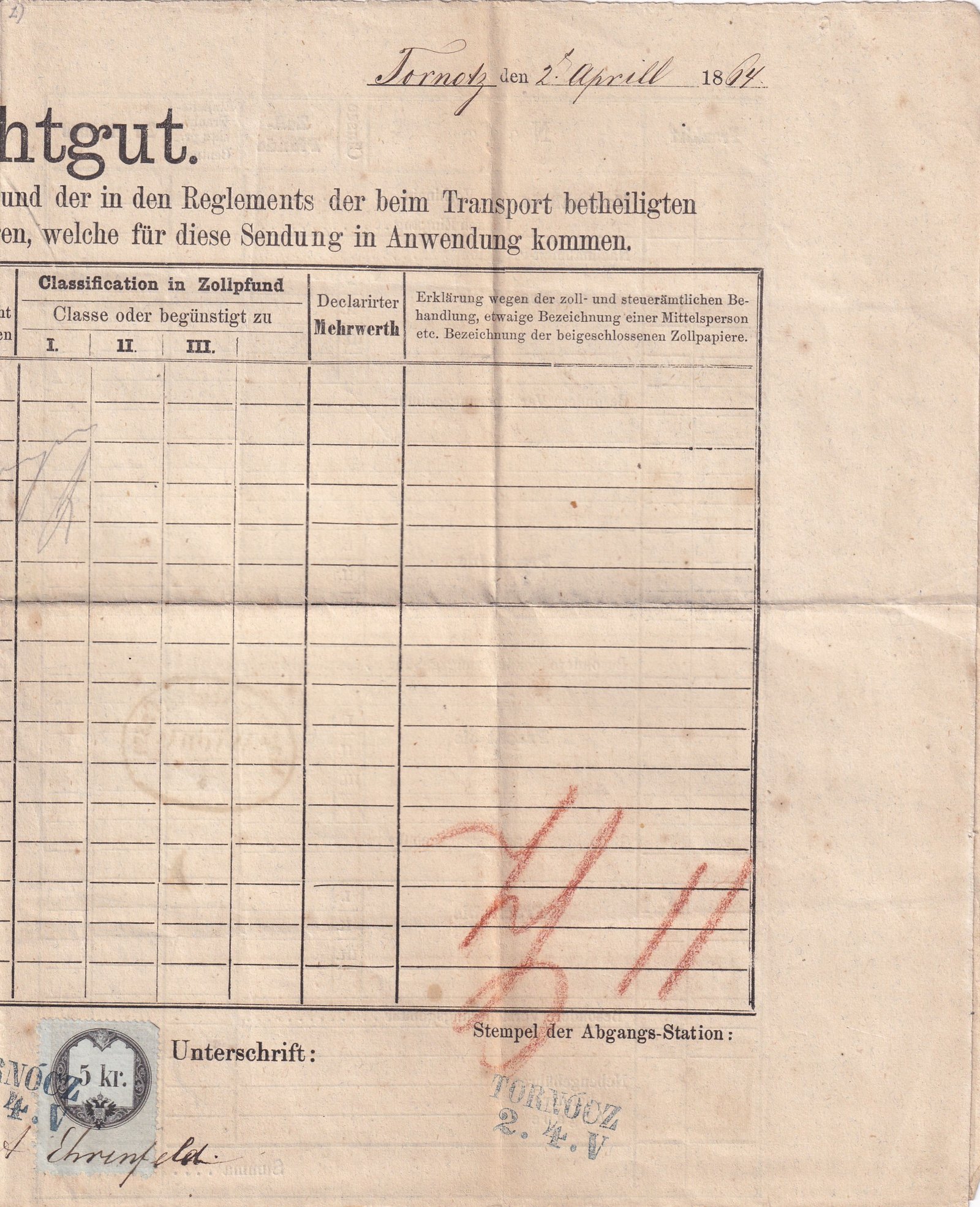 1864. Tornócz–Bécs fuvarlevél, kék színű Tornócz bélyegzéssel az 5 kr illetékbélyegen, kiváló állapotban fennmaradt darab.