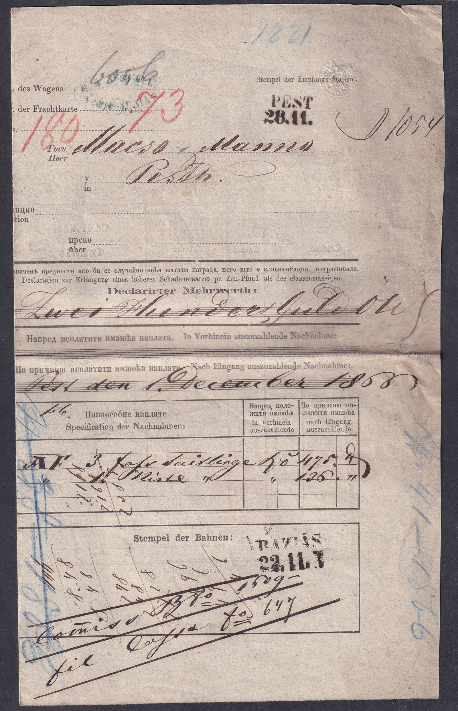 1864. Semendria (kék szín) PESTH-re küldött vasúti fuvarlevél