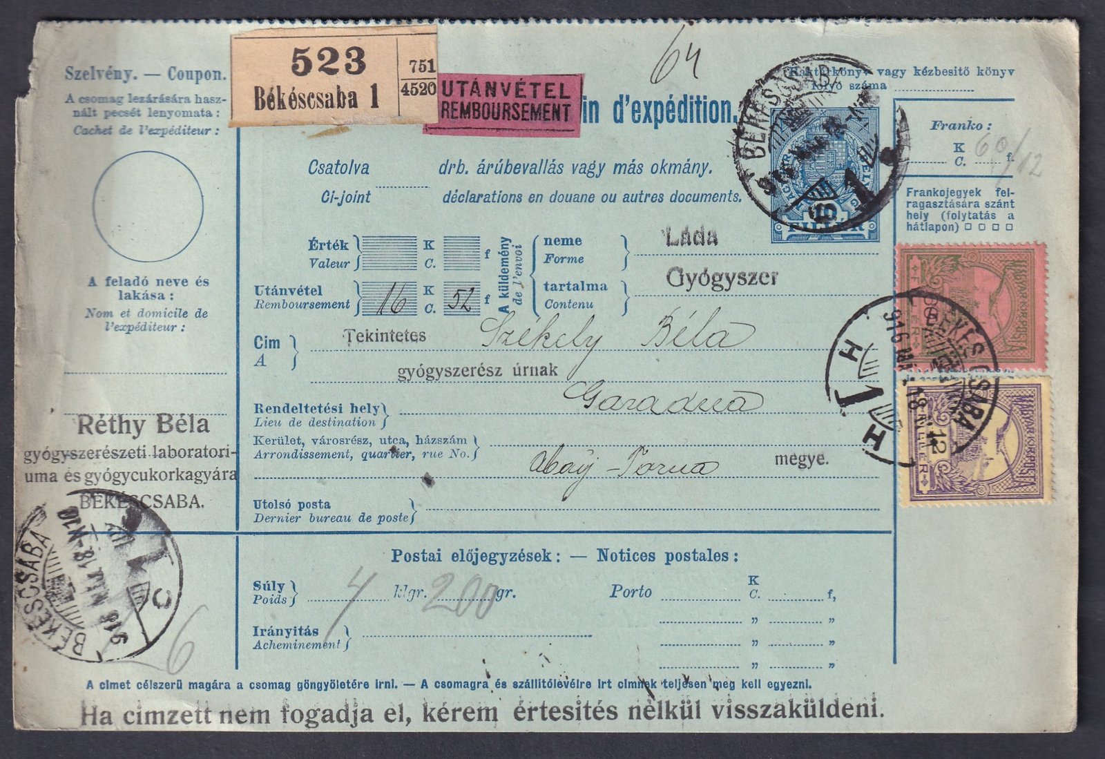 1916. Békéscsaba, Garadnára feladott utánvételes szállítólevél