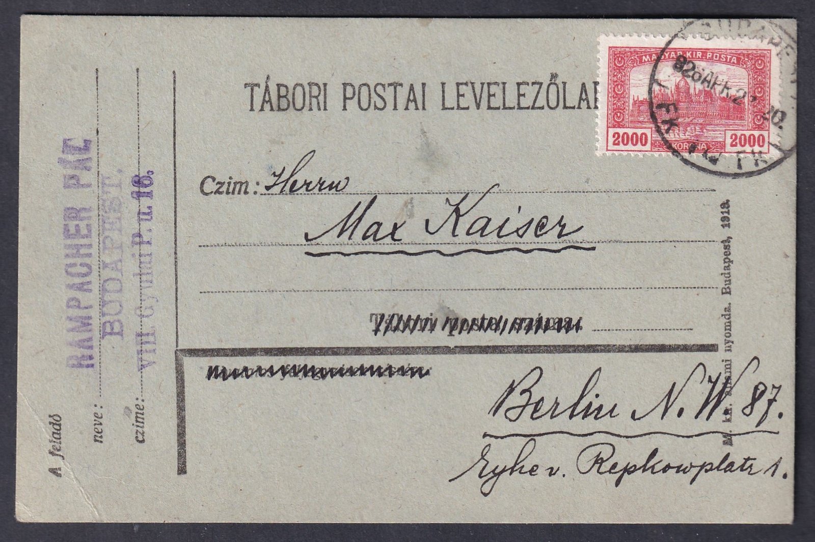 1926. Budapest, Berlinbe feladott levelezőlap - Tábori Postai Levelezőlap polgári felhasználása