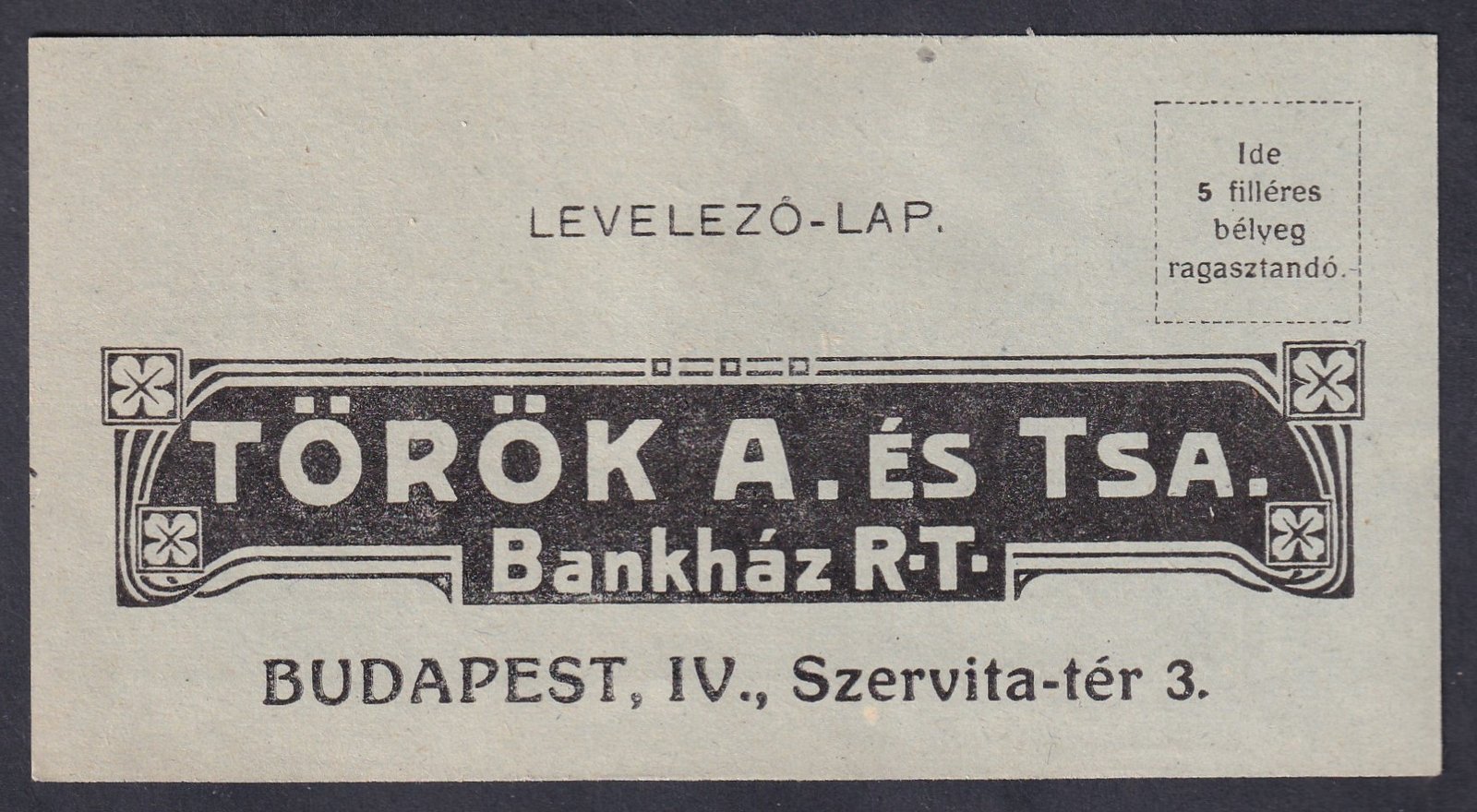 Török A. és Tsa, használatlan sorsjegy játék levelezőlap