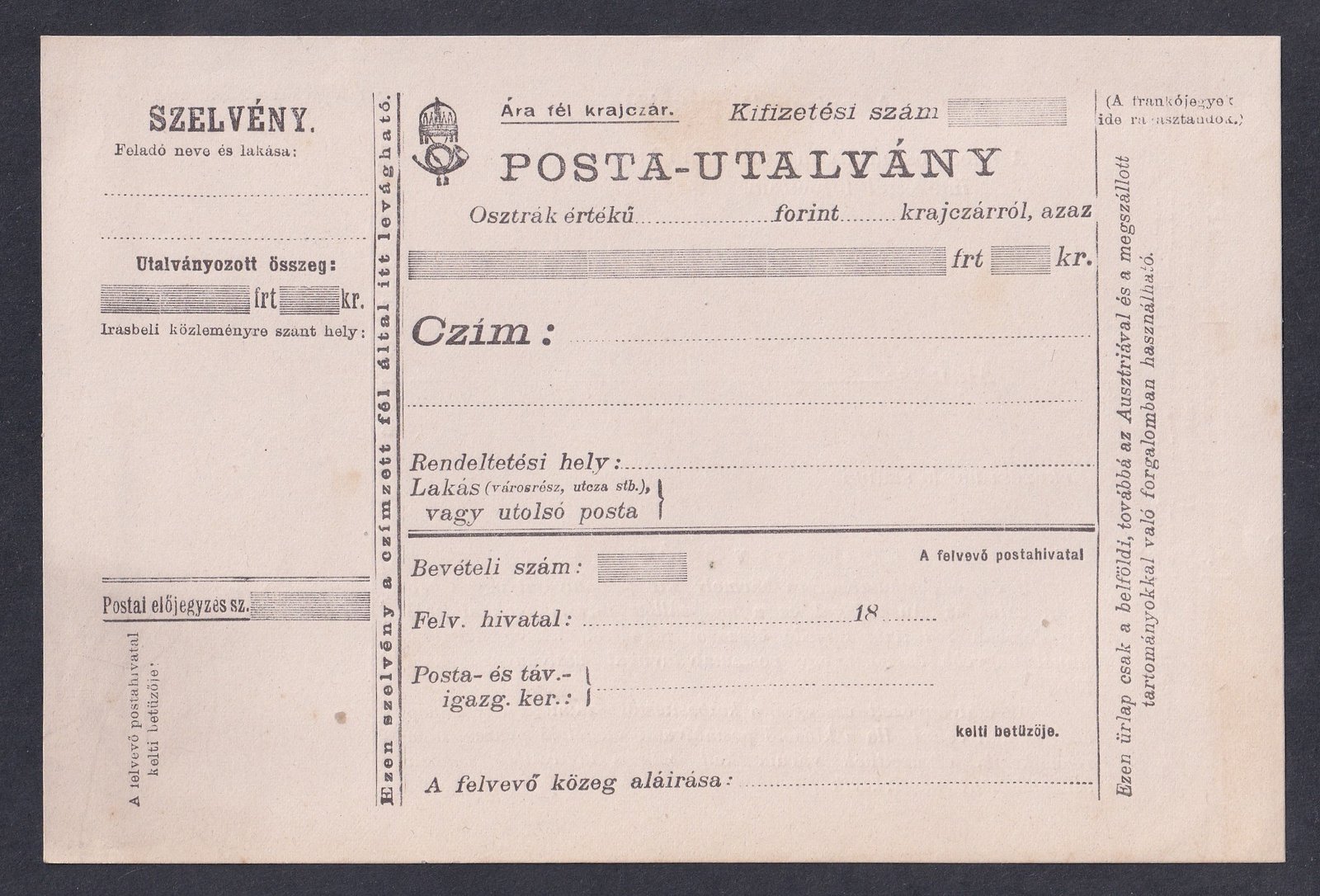 Postautalvány, használatlan darab