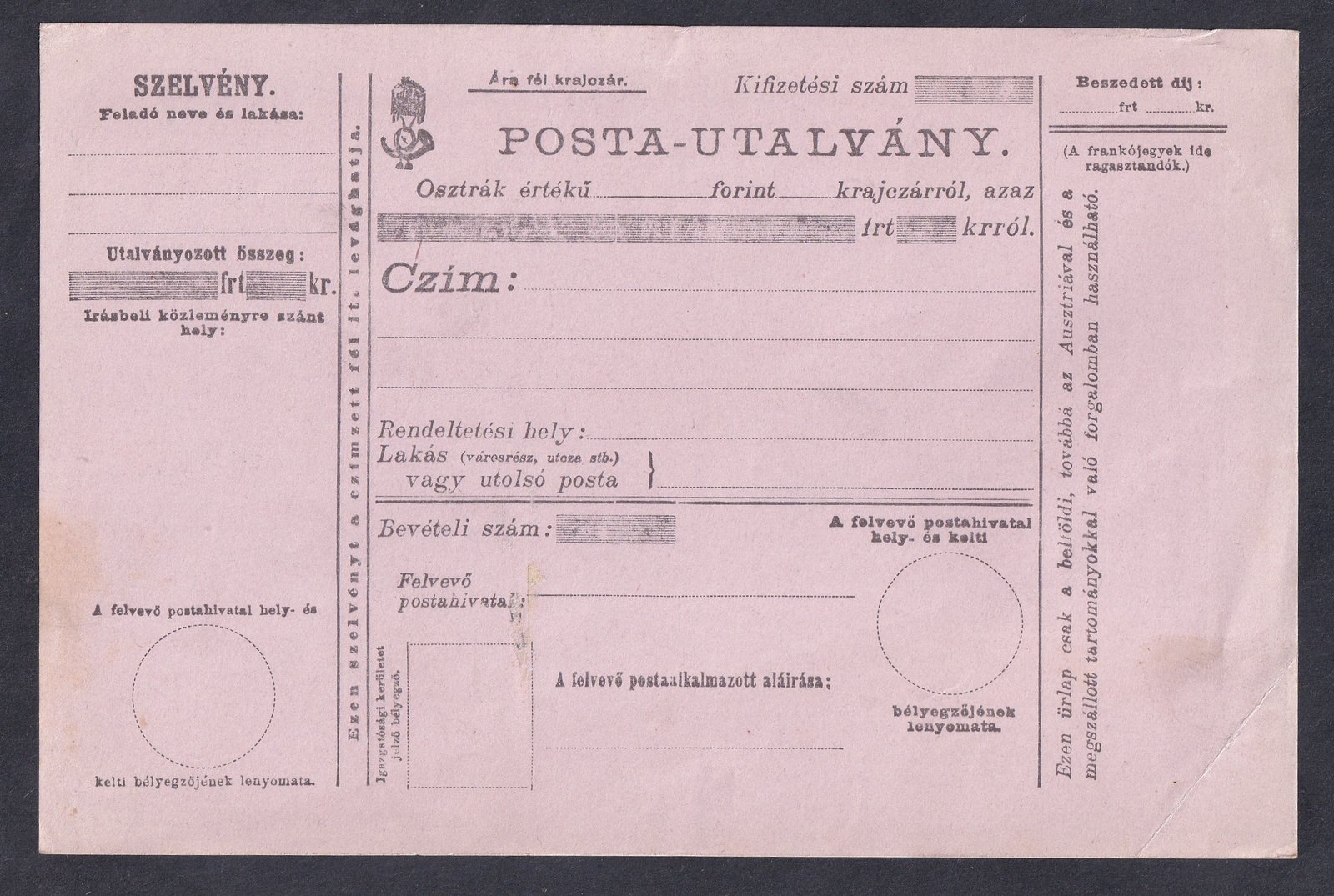 Használatlan Postautalvány