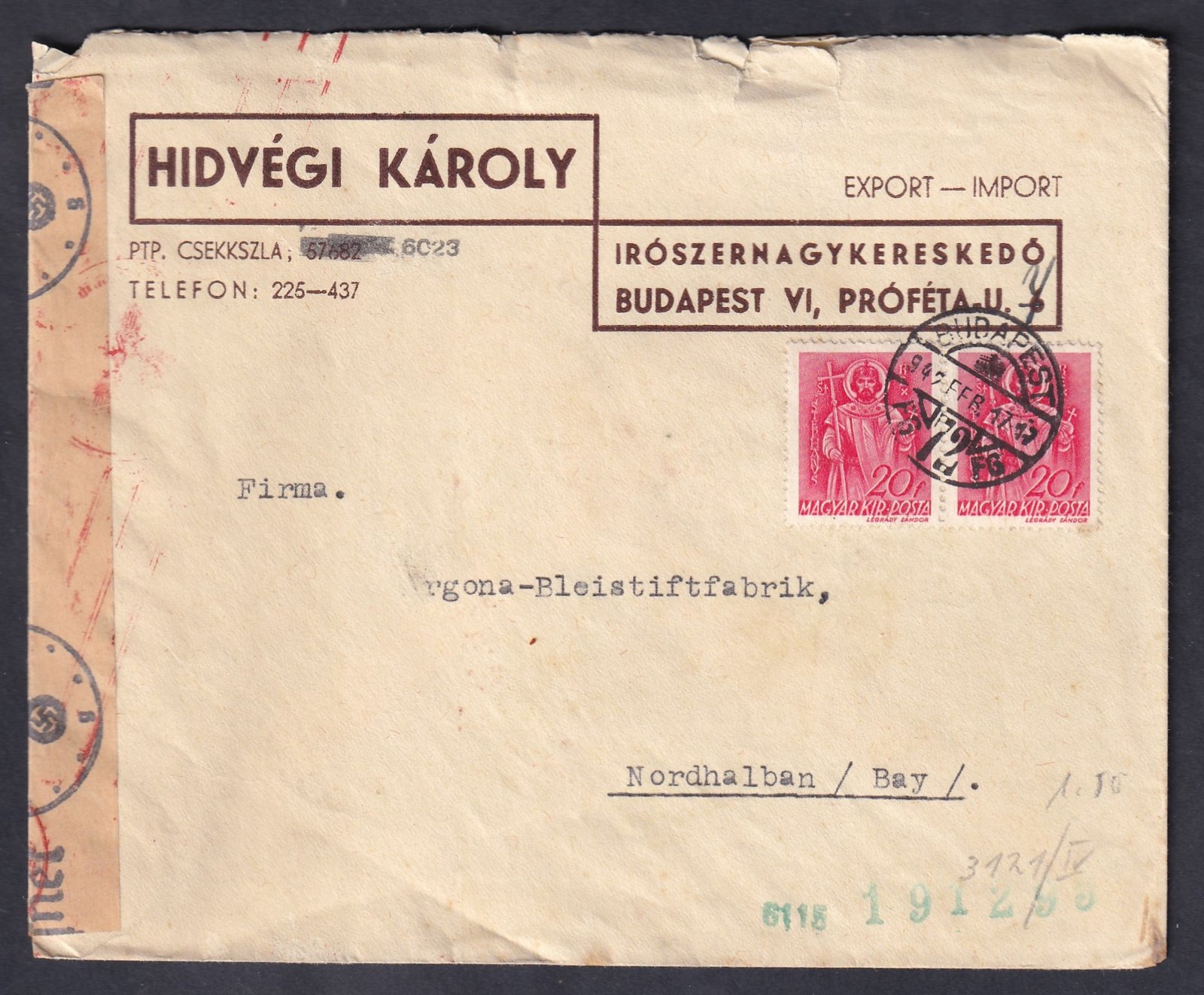 1942. Budapest, Nordhalben-ben feladott cenzúrázott levél