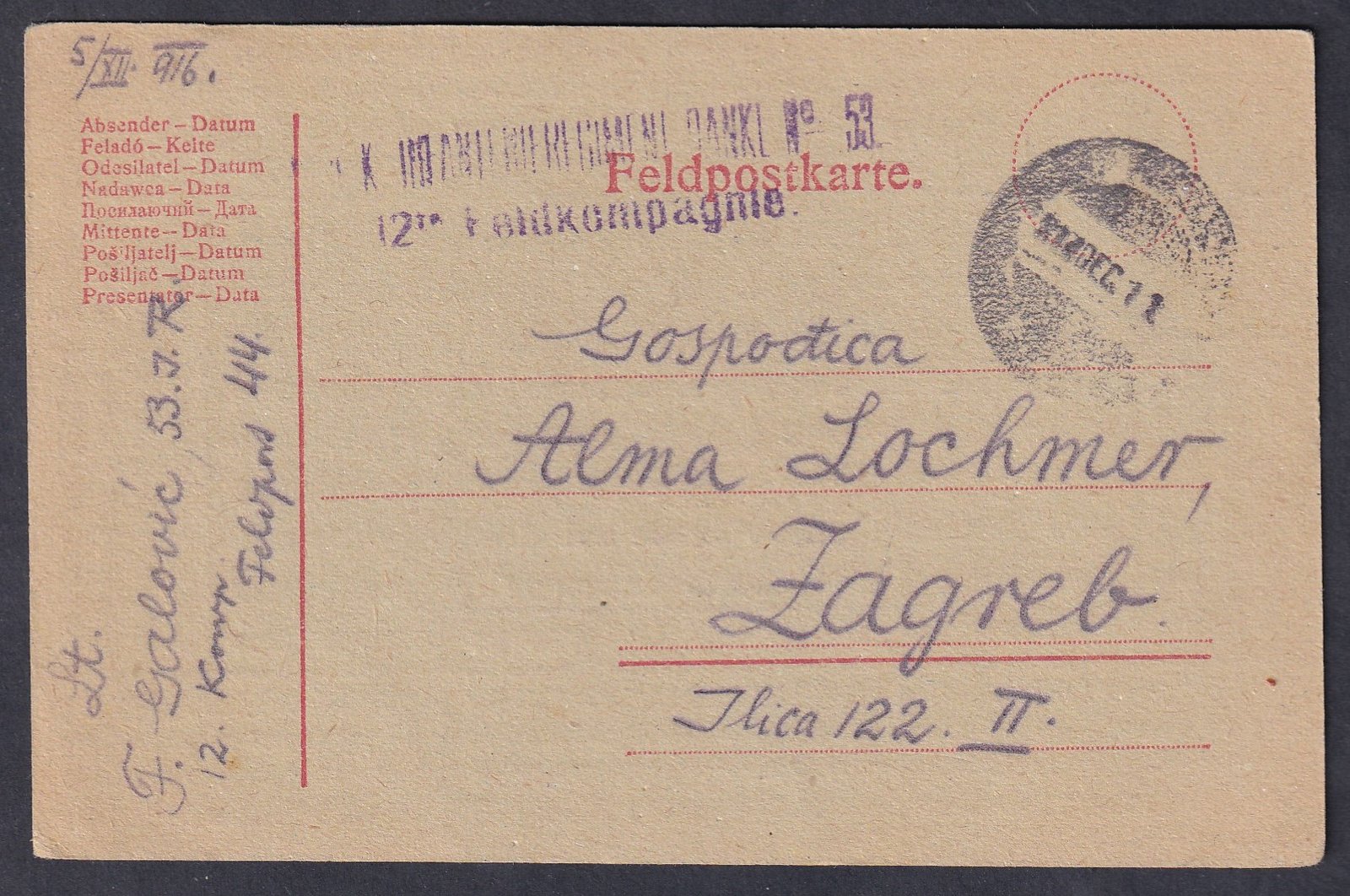 1917. K.u.k. többnyelvű egészségjelentő tábori levelezőlap