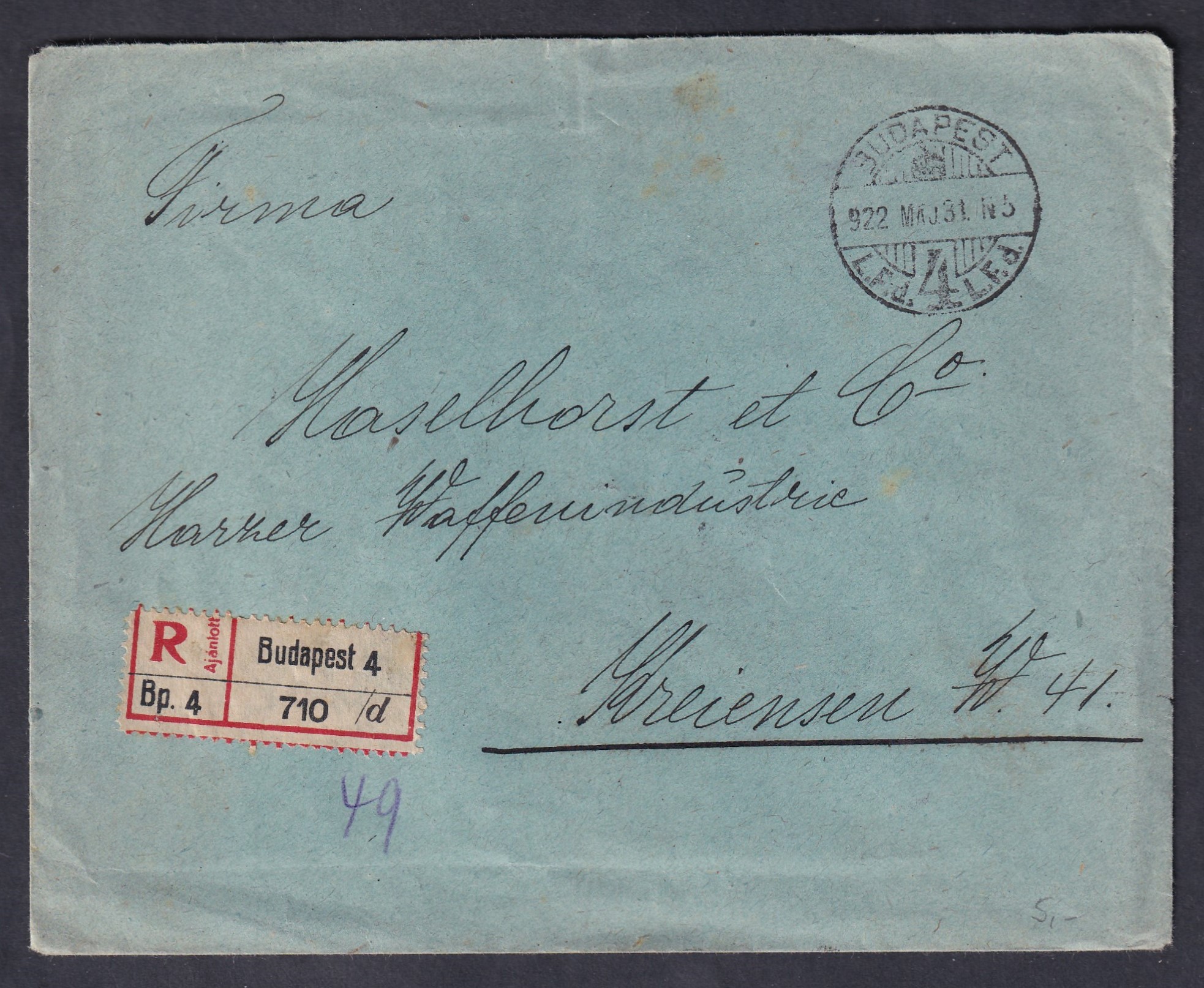 IMG_20260204_0016 1922. Budapest, Kreiensen-be feladott ajánlott levél