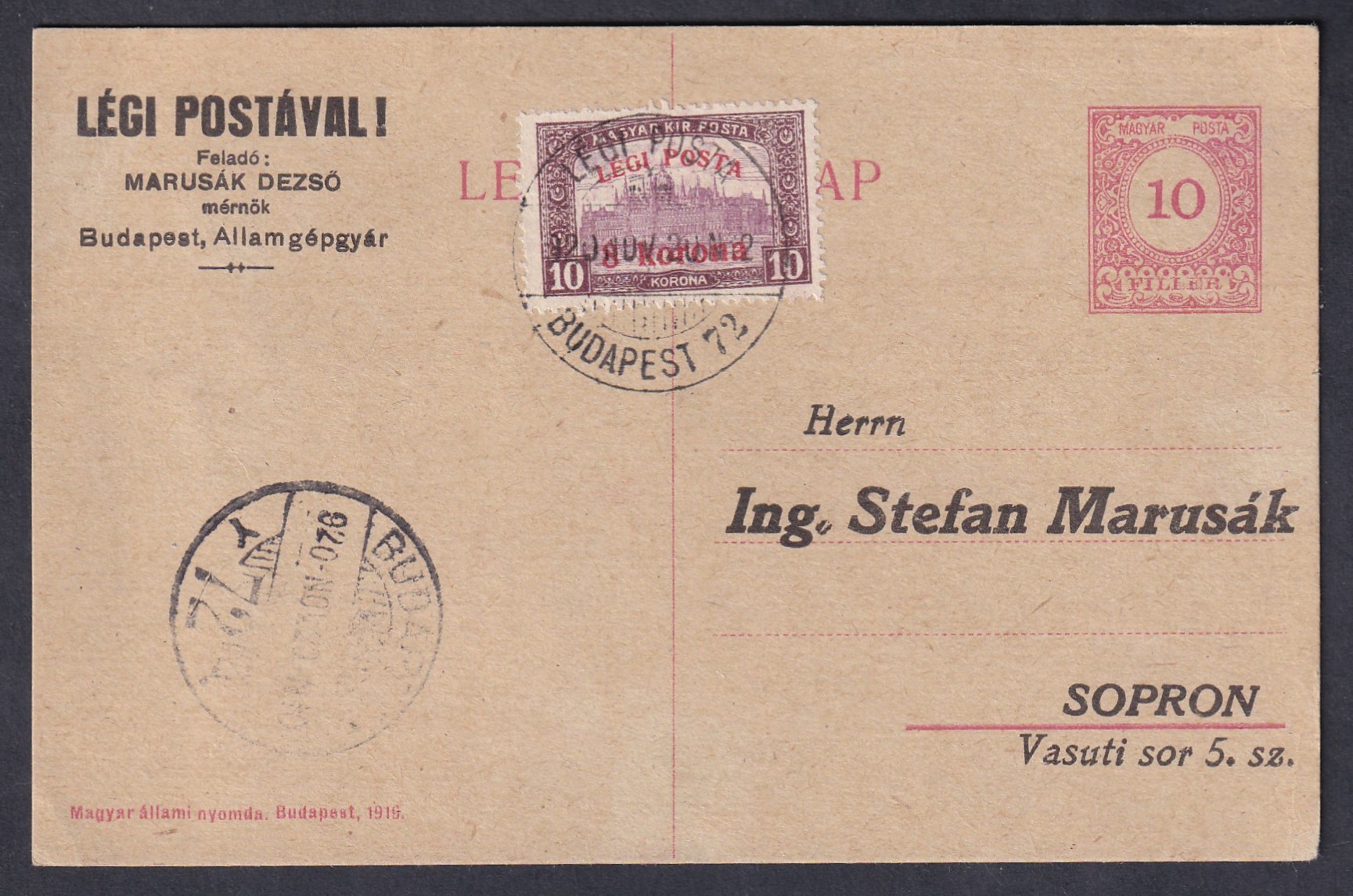1920. Budapest, Sopronba feladott légiposta levelezőlap