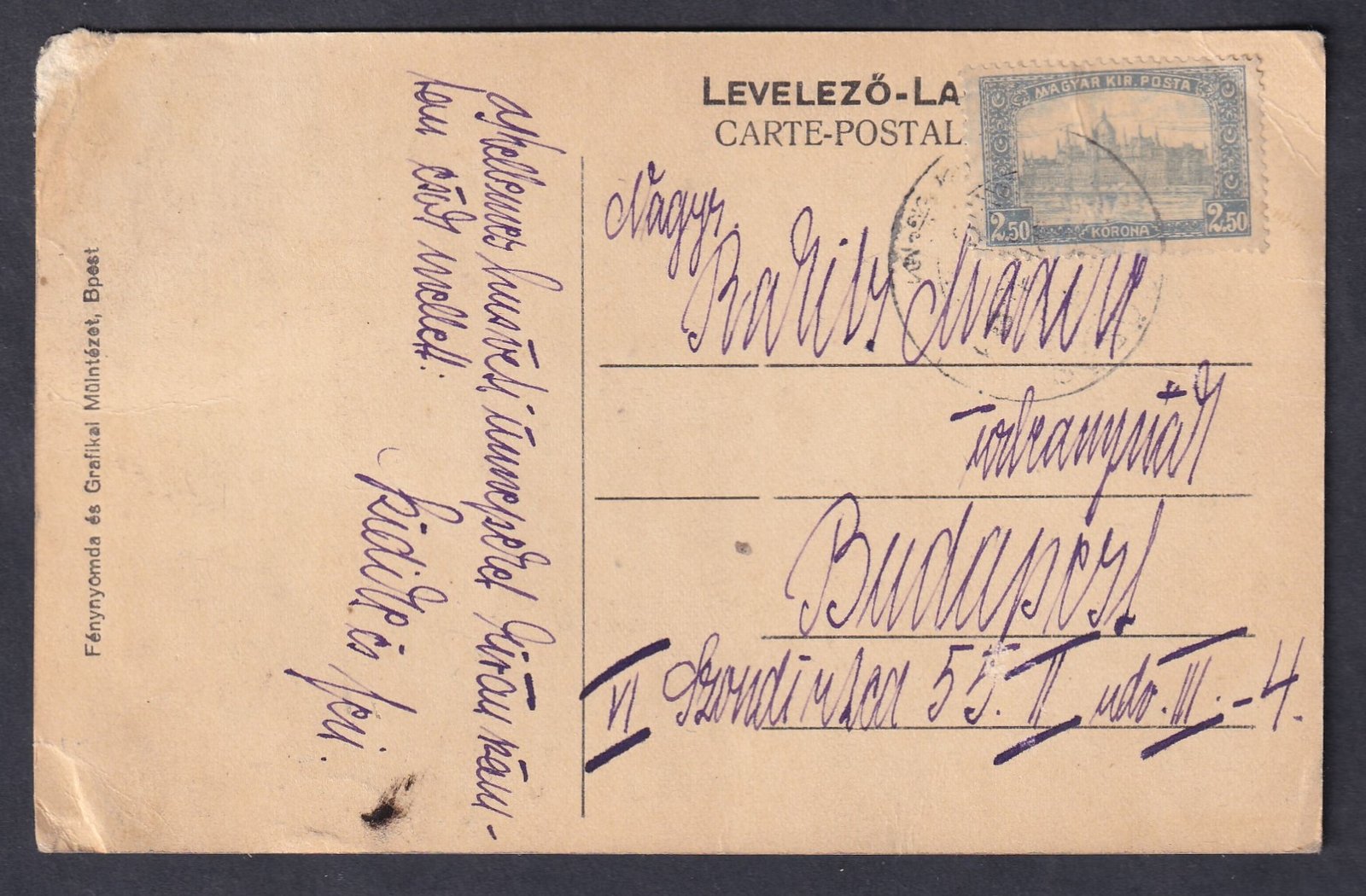 1919. Budapestre feladott irredenta képeslap