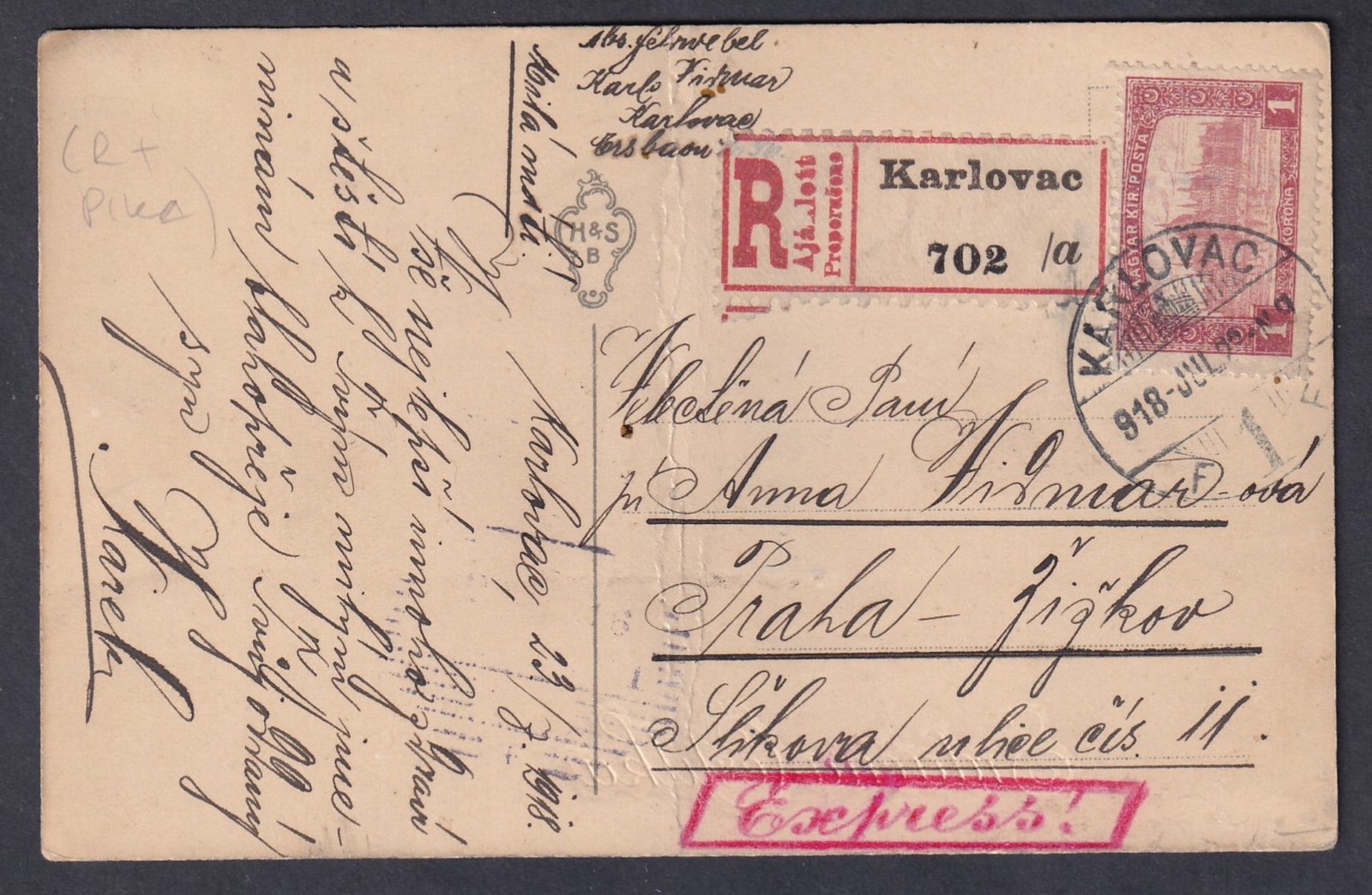 IMG_20260205_0001 1918. júl. 23. Karlovac, Prágába feladott expressz-ajánlott képeslap, 1 K tarifa helyes díjtétellel