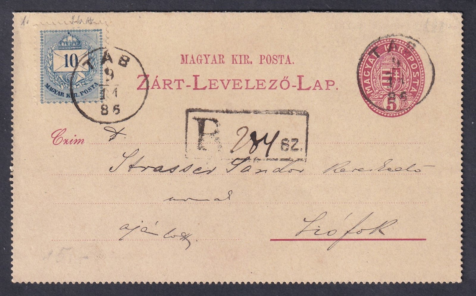 1885. Tab, Siófokra feladottajánlott, díjkiegészített Zárt-Levelező-Lap