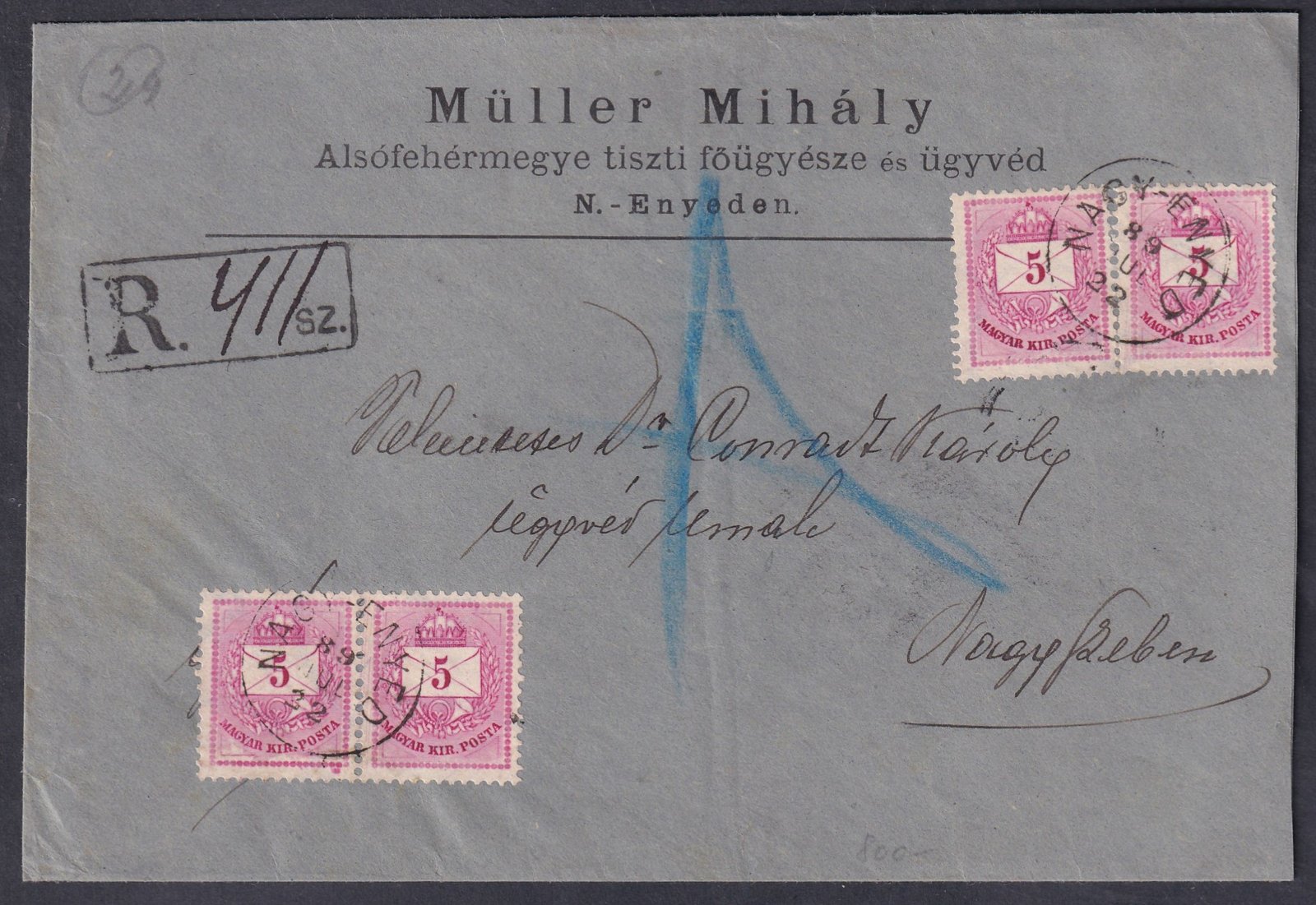 1889. Nagy-Enyed, Nagy-Szebenbe feladott 2. súlyfokozatú ajánlott levél - 4x5kr!!!