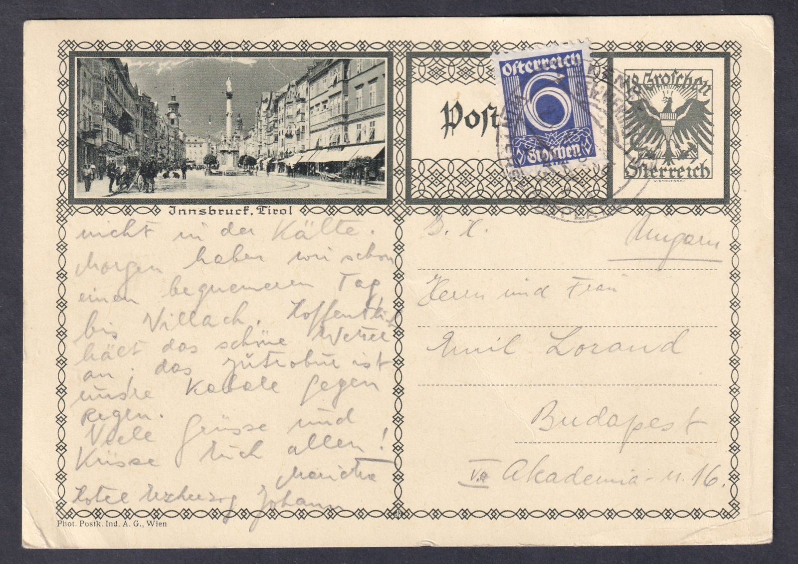 1933, Ausztria, Budapestre feladott díjkiegészített levelezőlap