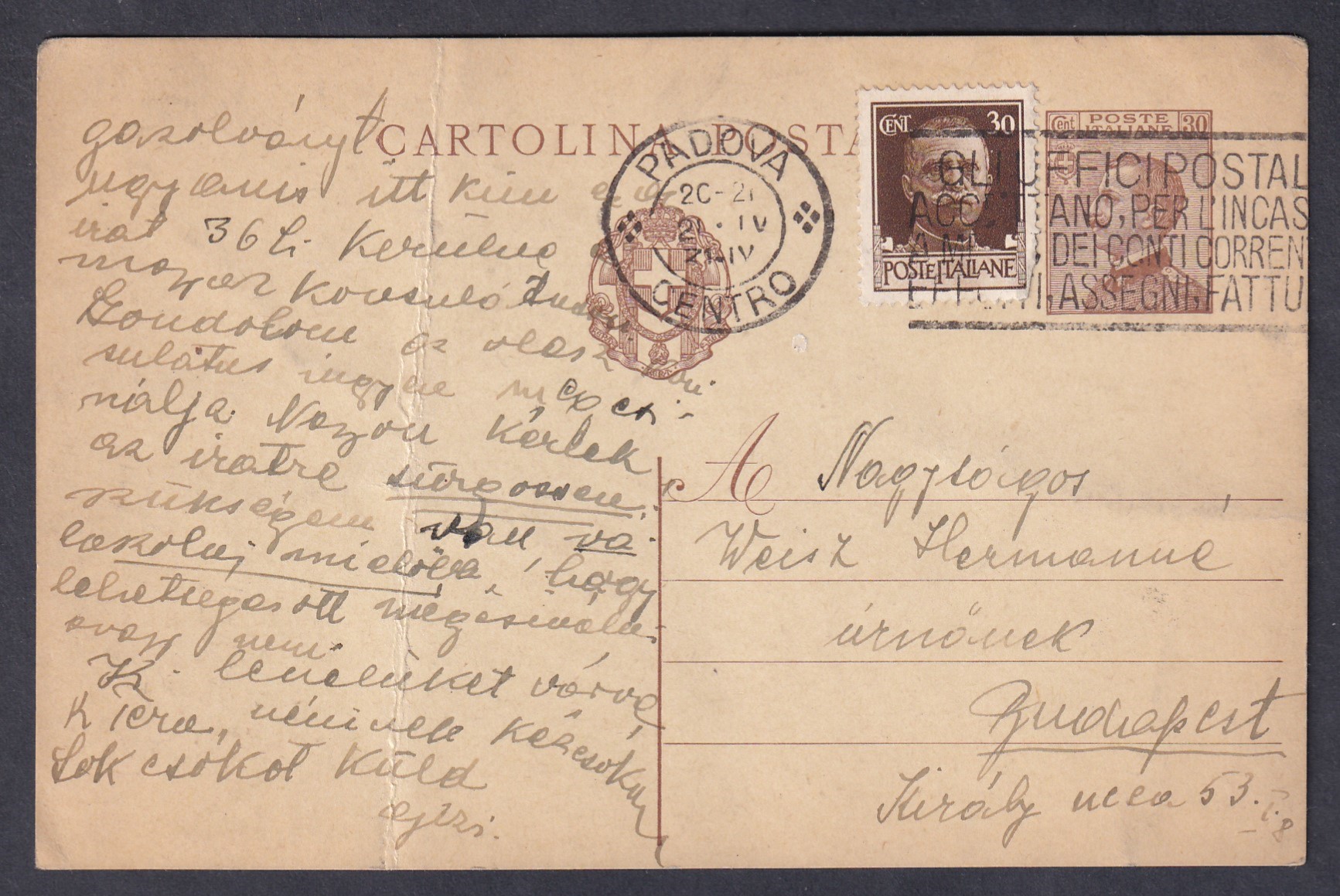 IMG_20260205_0021 1931. Olaszorsz Királyság, Budapestre feladott díjkiegészített levelezőlap