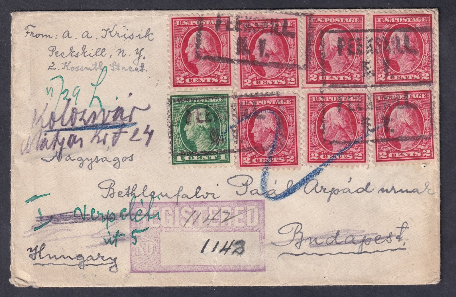 1914. New York, Budapestre feladott ajánlott levél