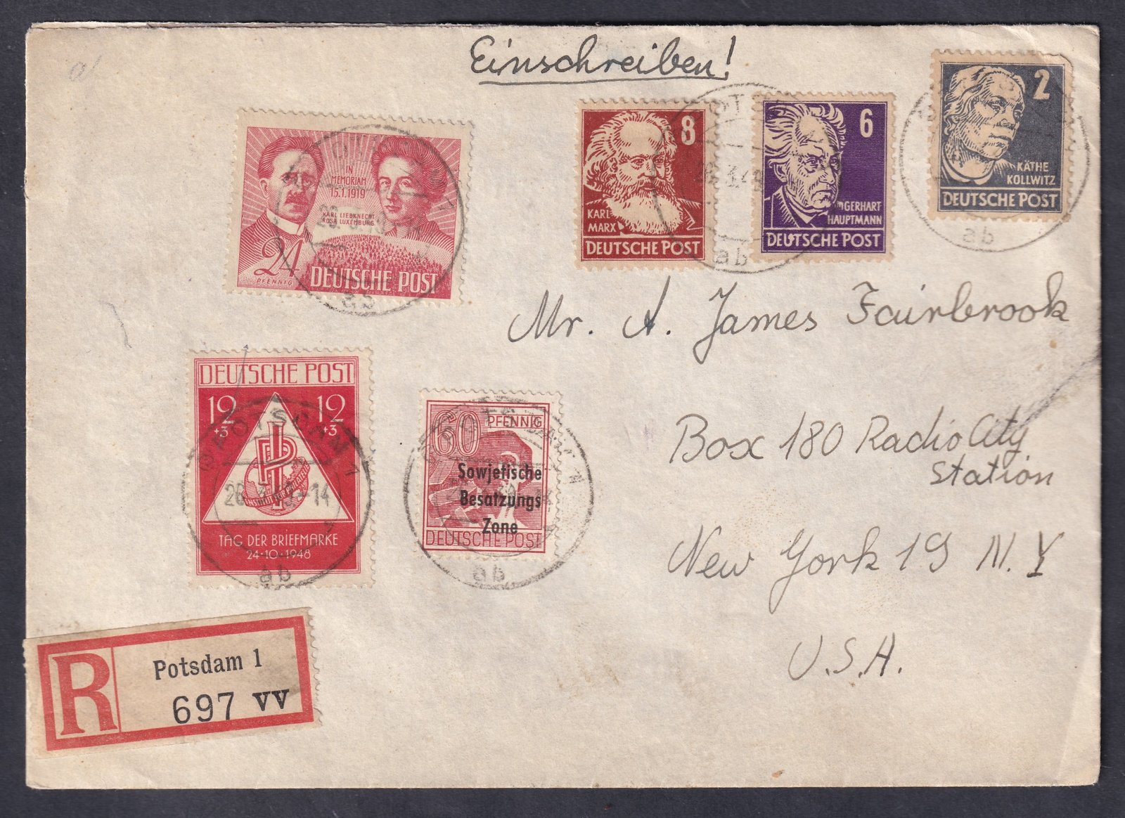 1949. Potsdam, a Szovjet zónából, New York-ba feladott ajánlott levél