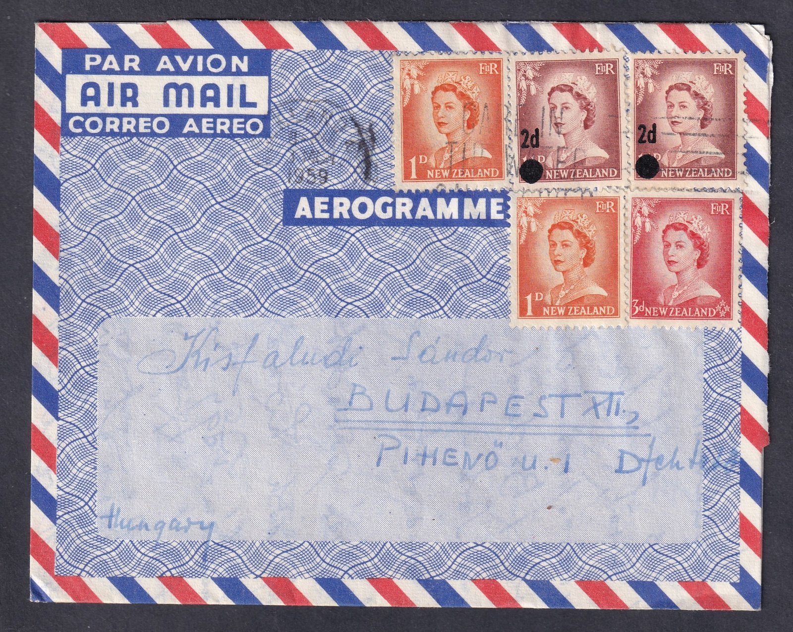1959. Új-Zéland, Budapestre feladott légiposta levél