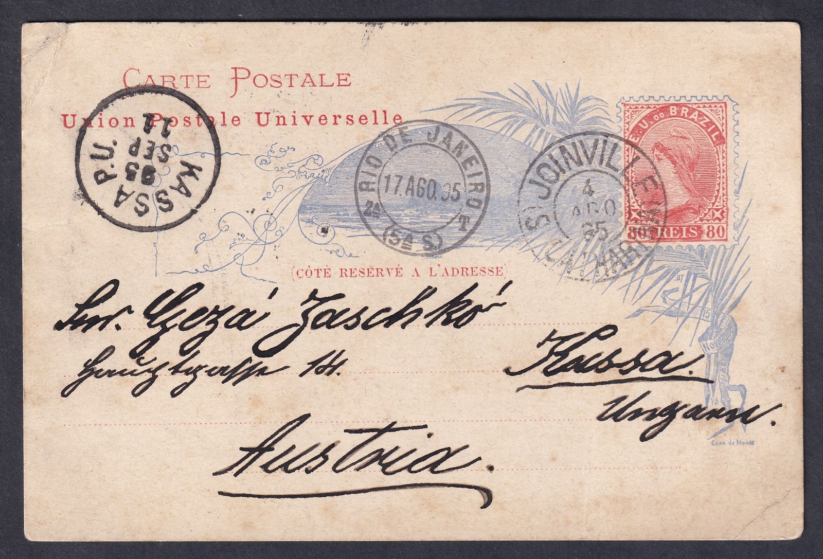 1895. Brazília, Kassára feladott díjjegyes levelezőlap