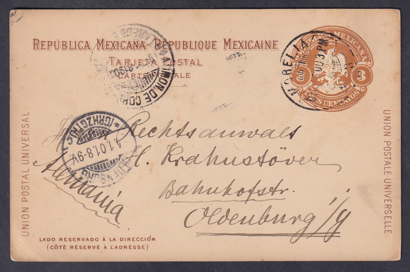 1900. Mexikó, Odenburg (Sopronba) feladott díjjegyes levelezőlap