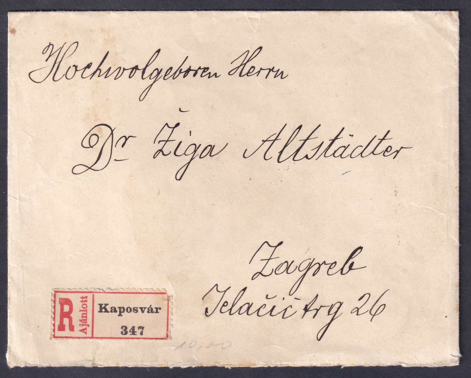 1916. Zágráb, Kaposvárra feladott ajánlott levél - 8db Turul 5f (többes) díjlerovás