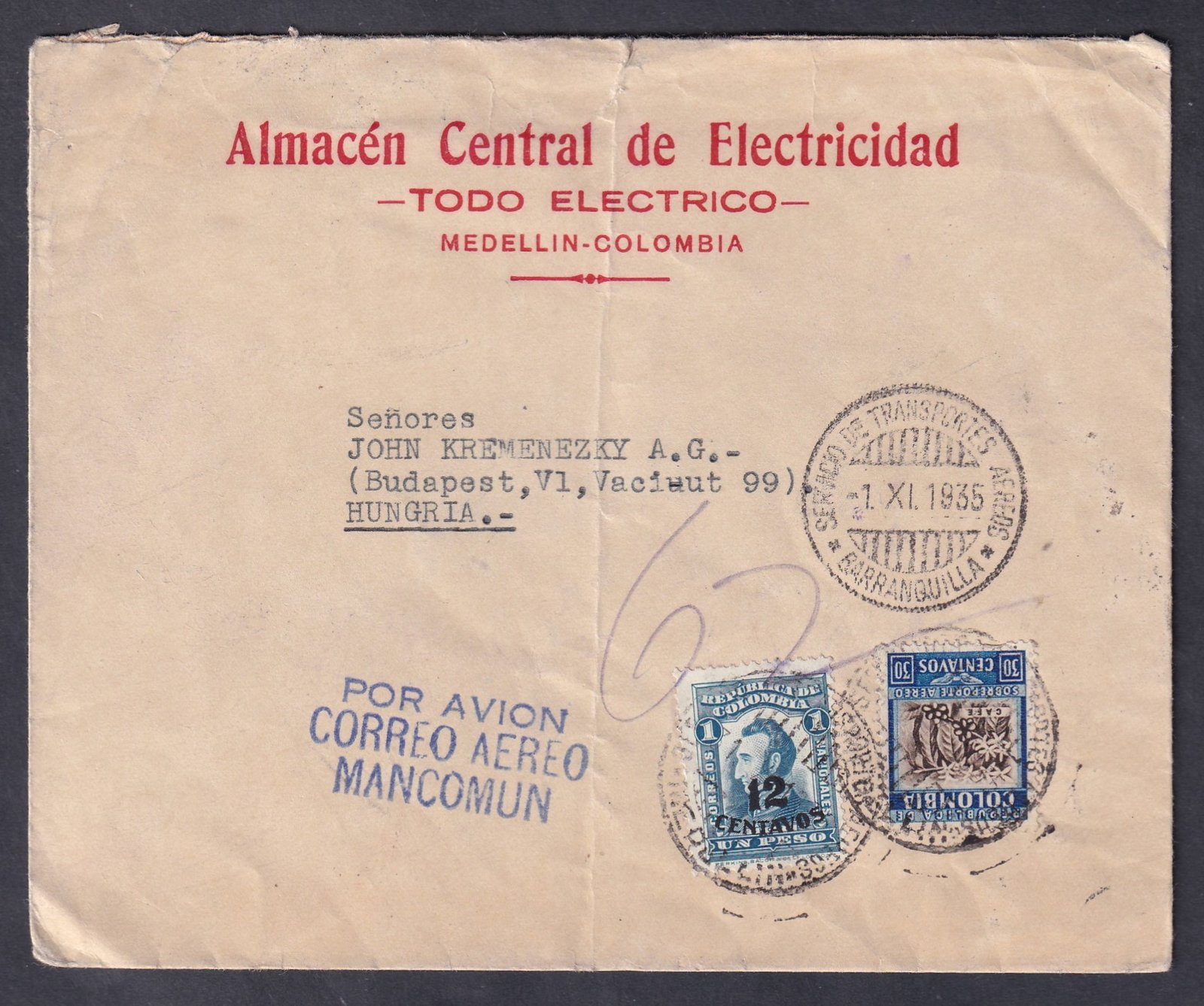1935. Kolumbia, Budapestre feladott levél