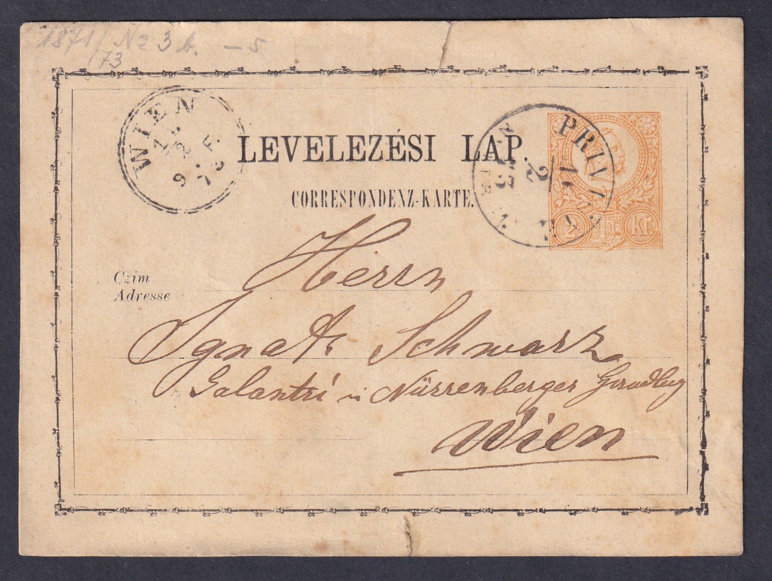 1873. PRIVIGYE / NYITR. M. Bécsbe feladott levelezőlap