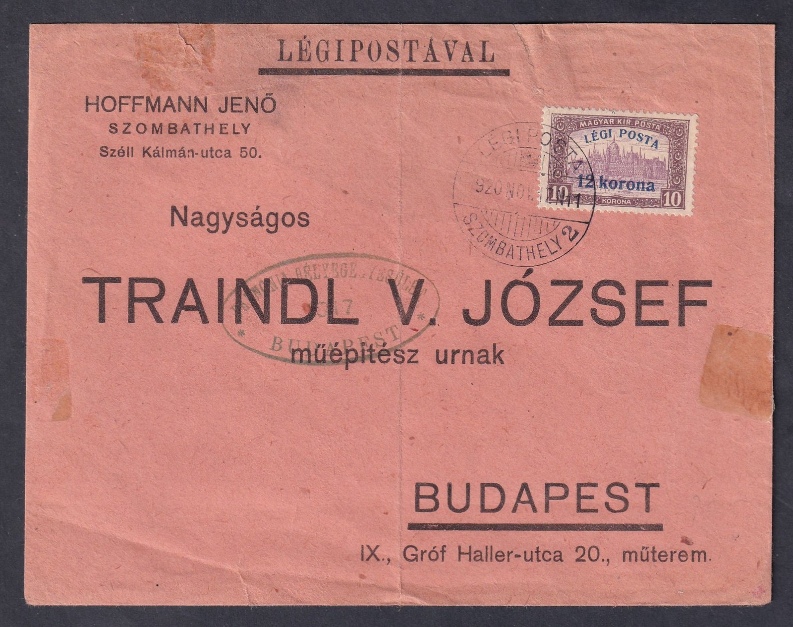 1920. Szombathely 2. Budapestre feéadott légiposta levél