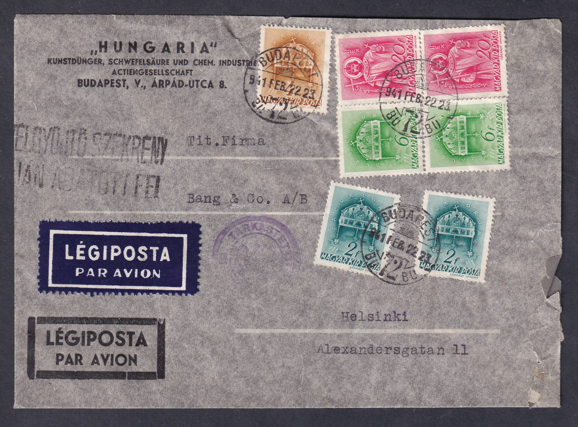 1941. Budapest, Helsinkire feladott légiposta levél