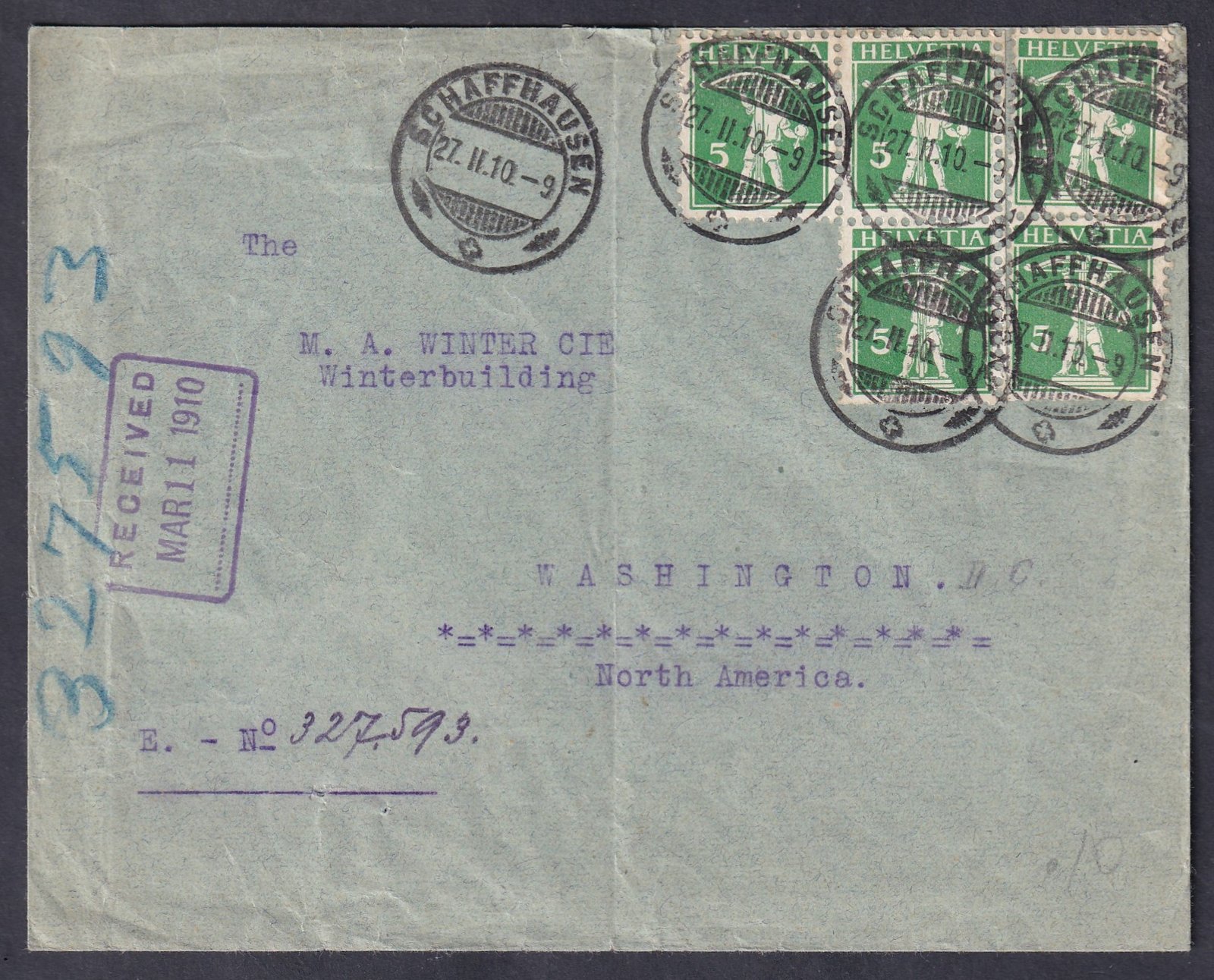 1910. Svájc, Washinton-ba feladott levél