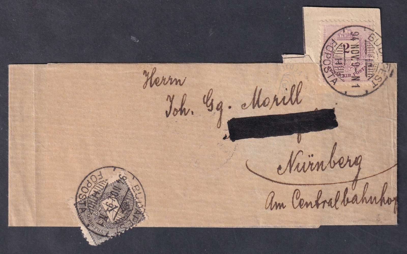 1894. Budapest, Nümberbe feladott címszalag 3 kr 2. sf. tarifa