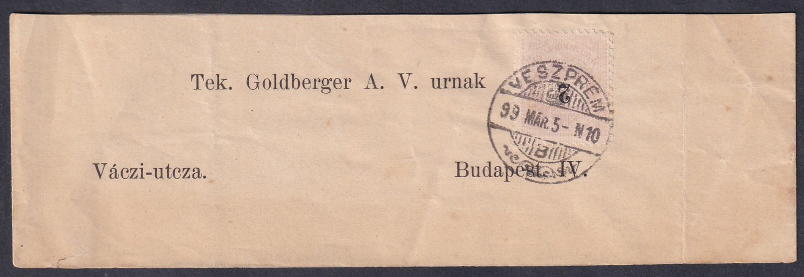 1899. Veszprém, Budapestre feladott címszalag (2 kr)