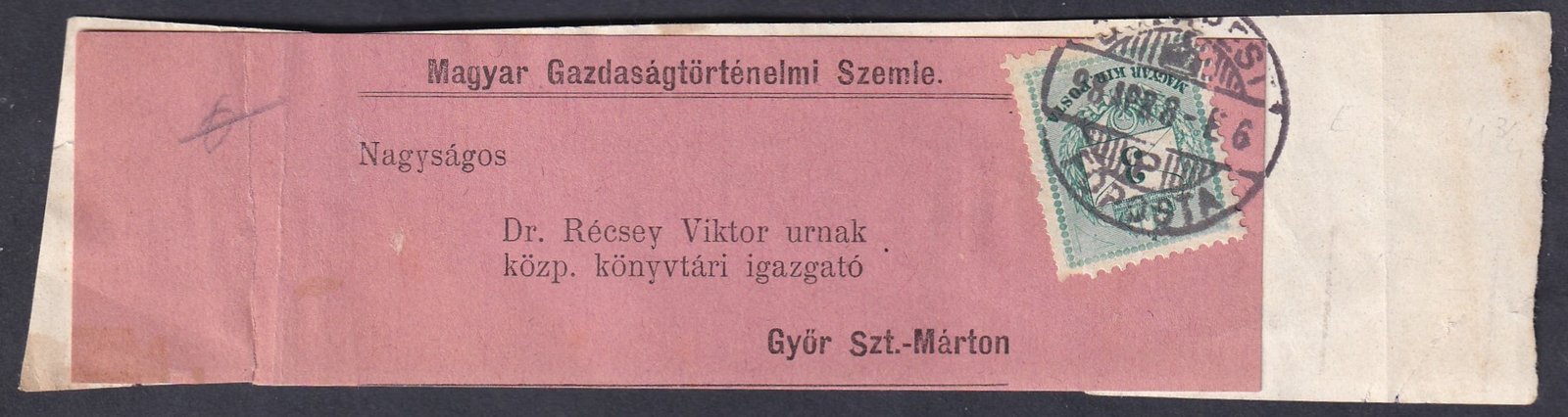 1898. Budapest, Győrbe feladott címszalag 3 kr 2. sf. tarifa