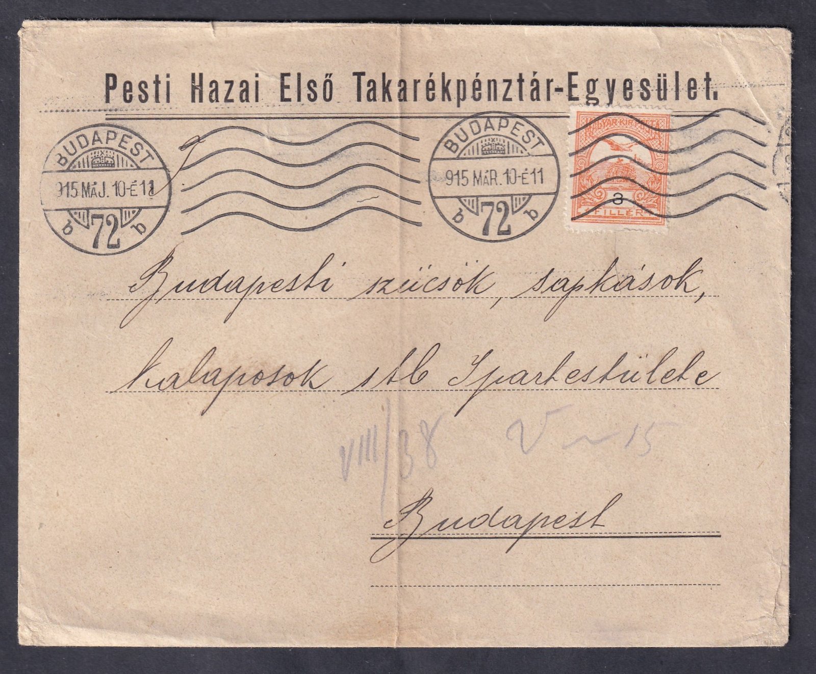 1915. Budapest, helyben feladott 2. súlyf. nyomtatvány boríték