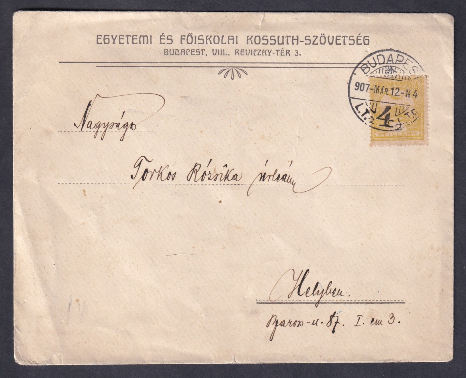 1907. Budapest, helyben feladott nyomtatvány boríték