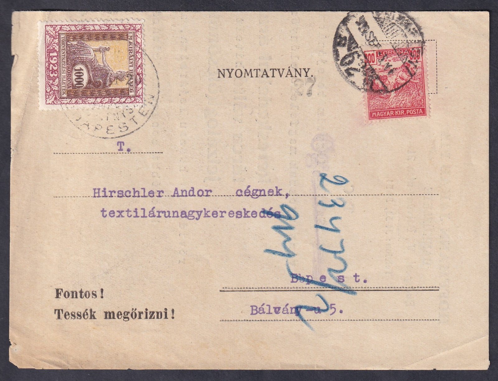 1923. Budapest, helyi nyomtatvány Törvénykezési illeték bélyeggel