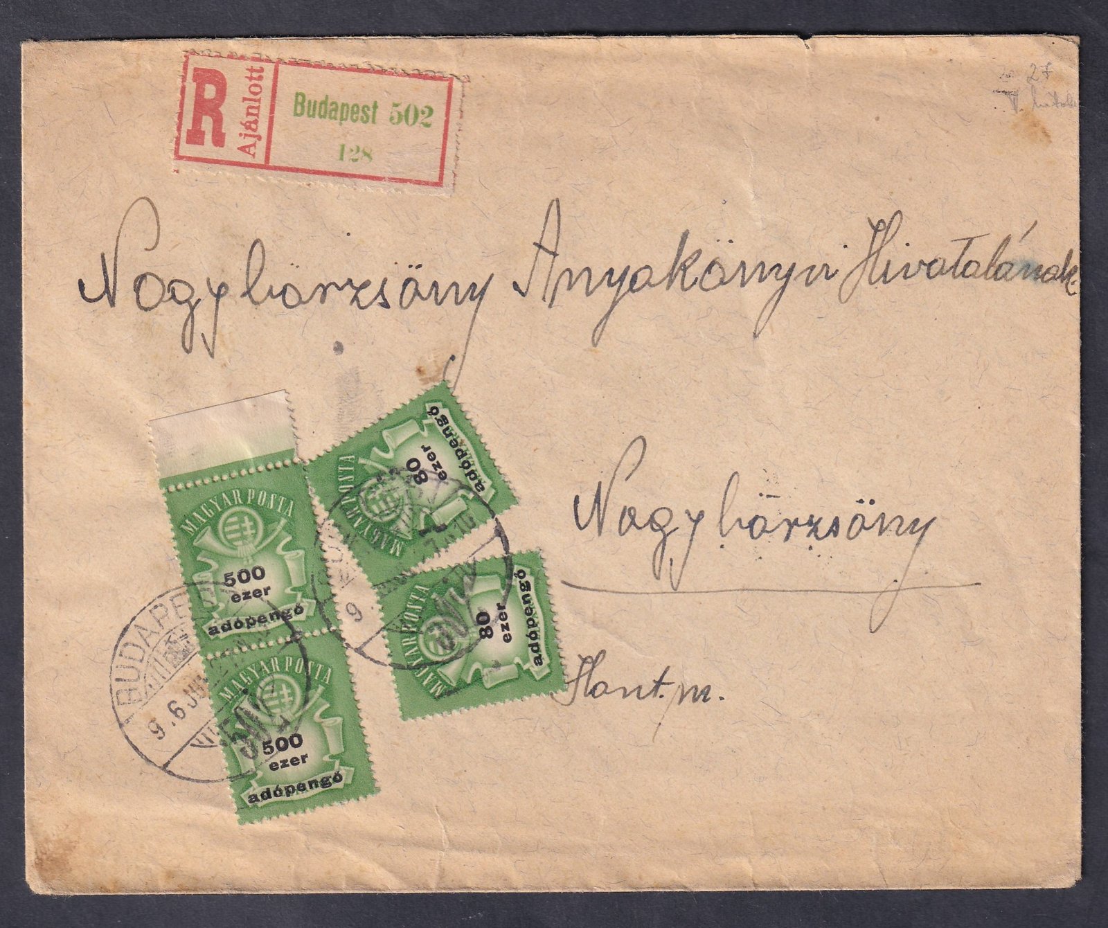 1946. jul. 27.  Budapest, Nagybörzsönyre feladott ajánlott levél