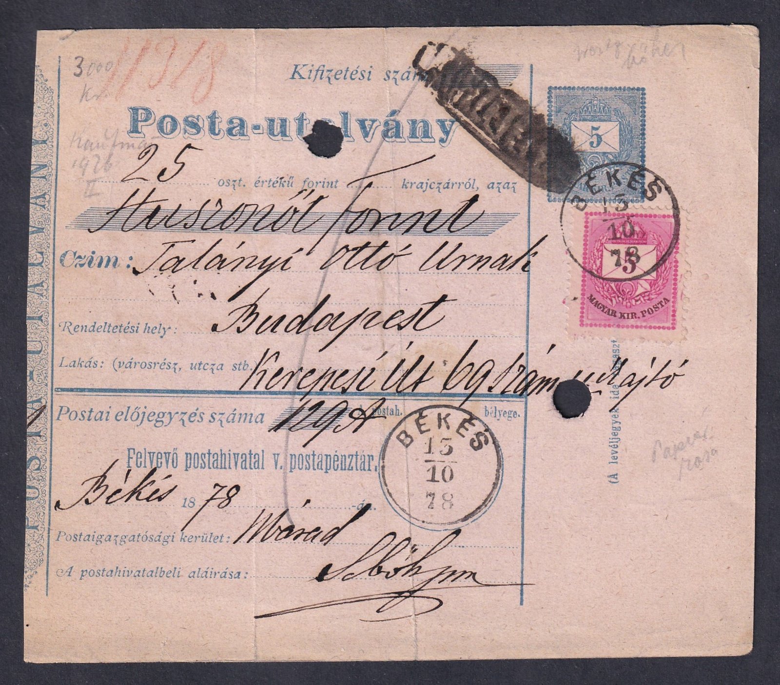 1878. Békés, Budapestre feladott Postautalvány