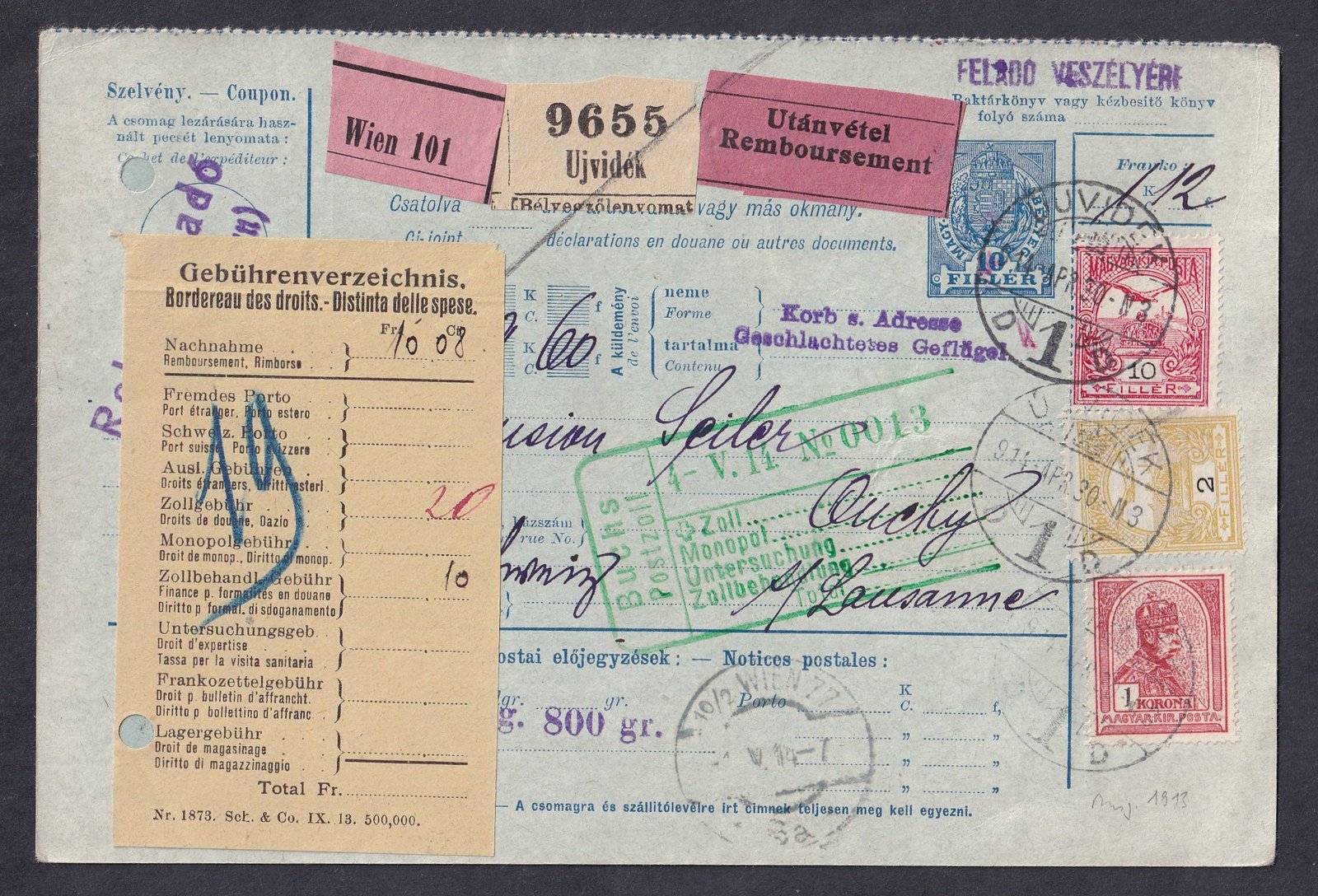 1914. Újvidék, Ausztriába utánvétel feladott szállítólevél