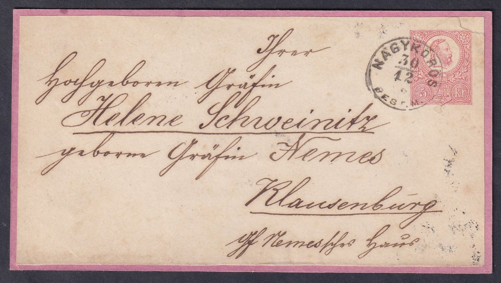 1871. Nagykőrös, Klausenburg-ba feladott díjjegyes boríték kiállítói lapon