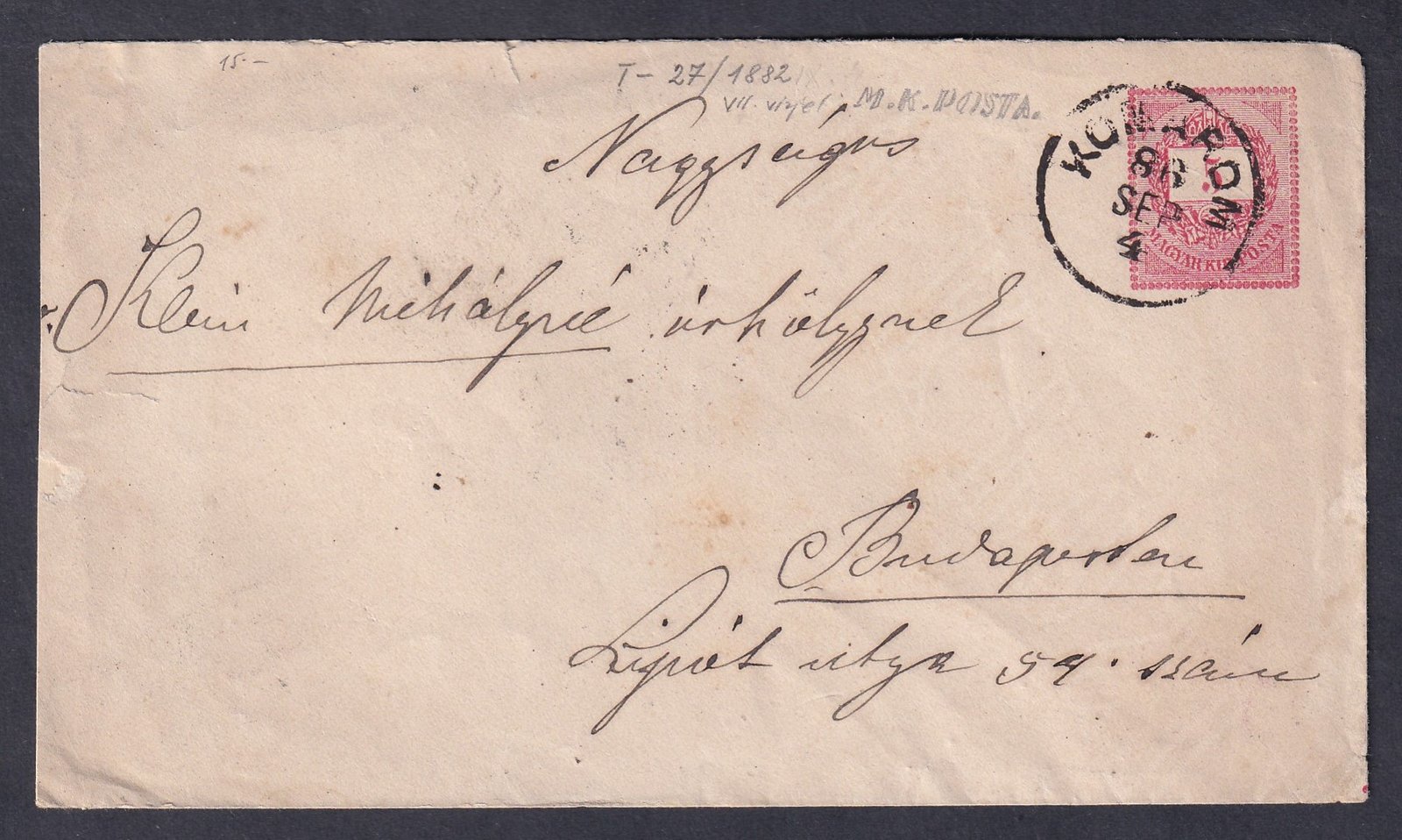 1886. Komárom, Budapestre feladott díjjegyes boríték