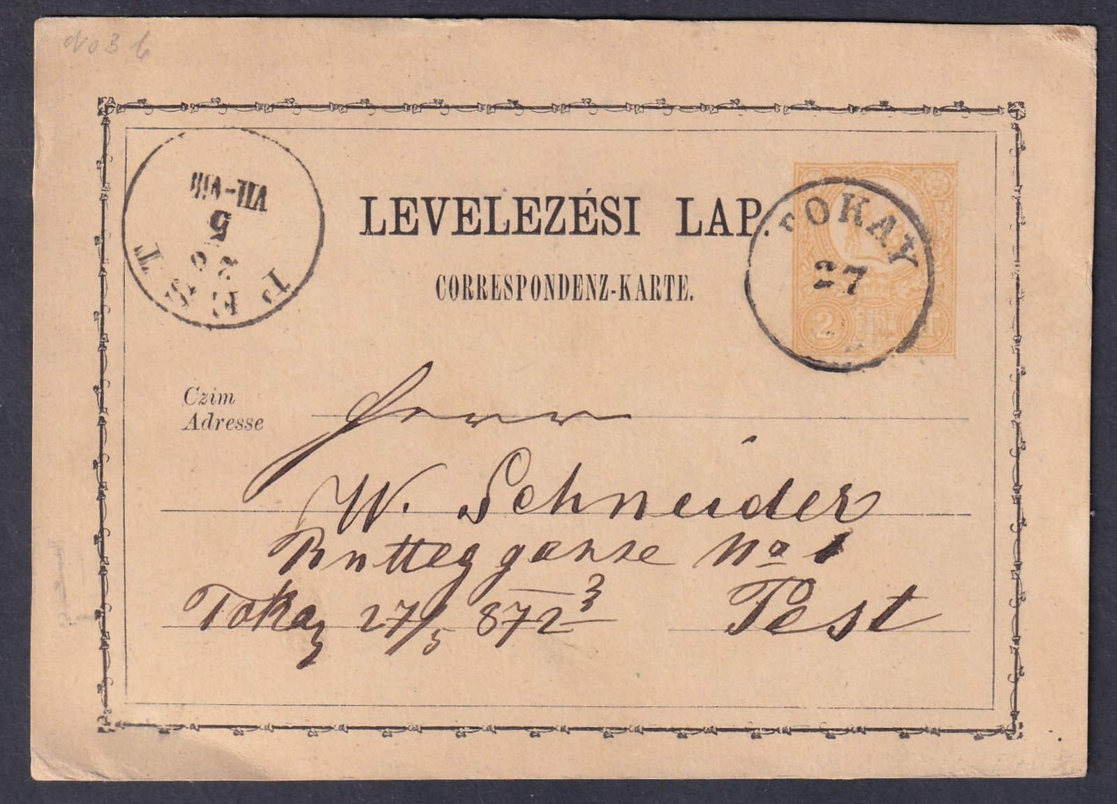 1872. Tokay, Pestre feladott díjjegyes levelezőlap