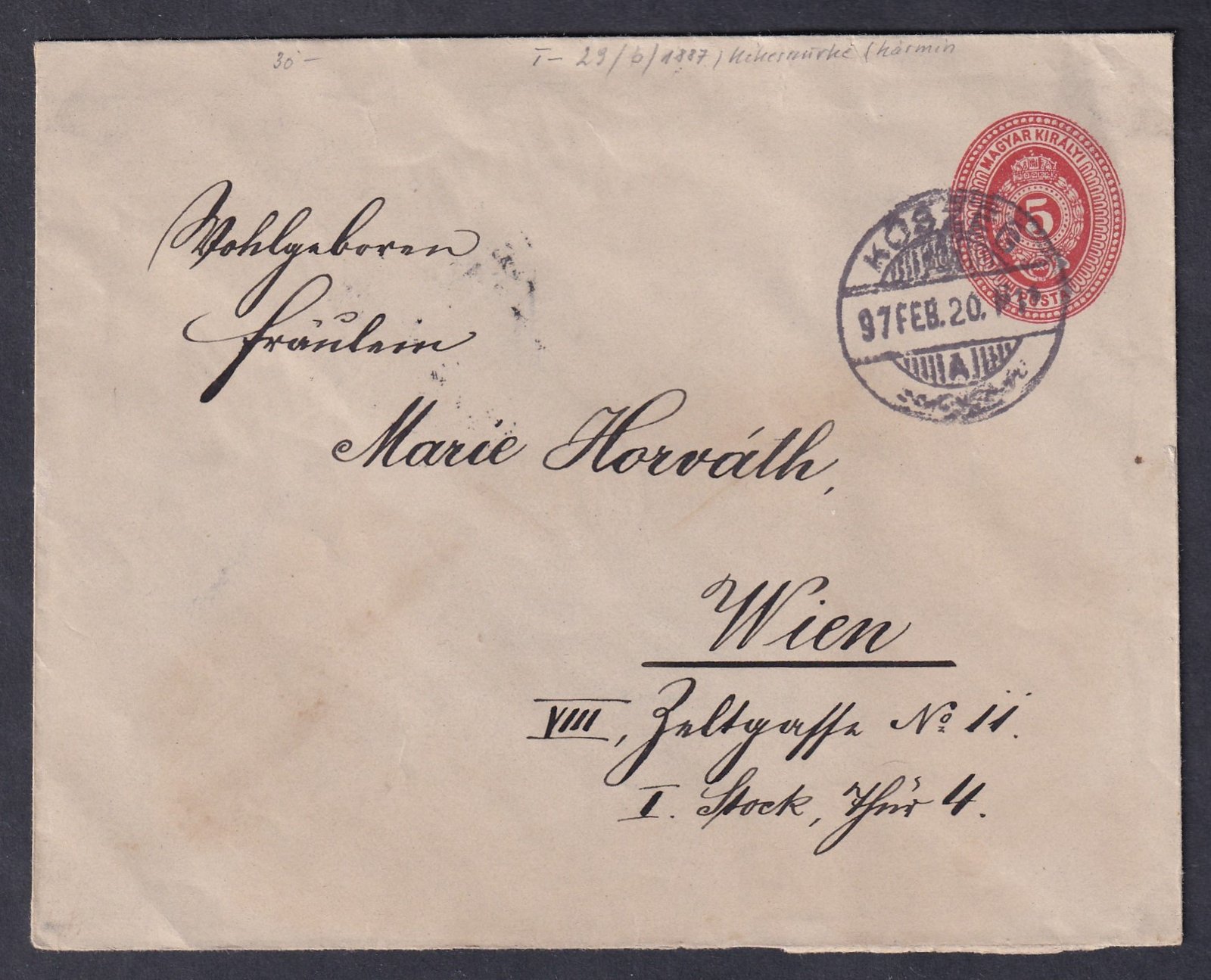 1897. Kőszeg, Bécsbe feladott díjjegyes boríték